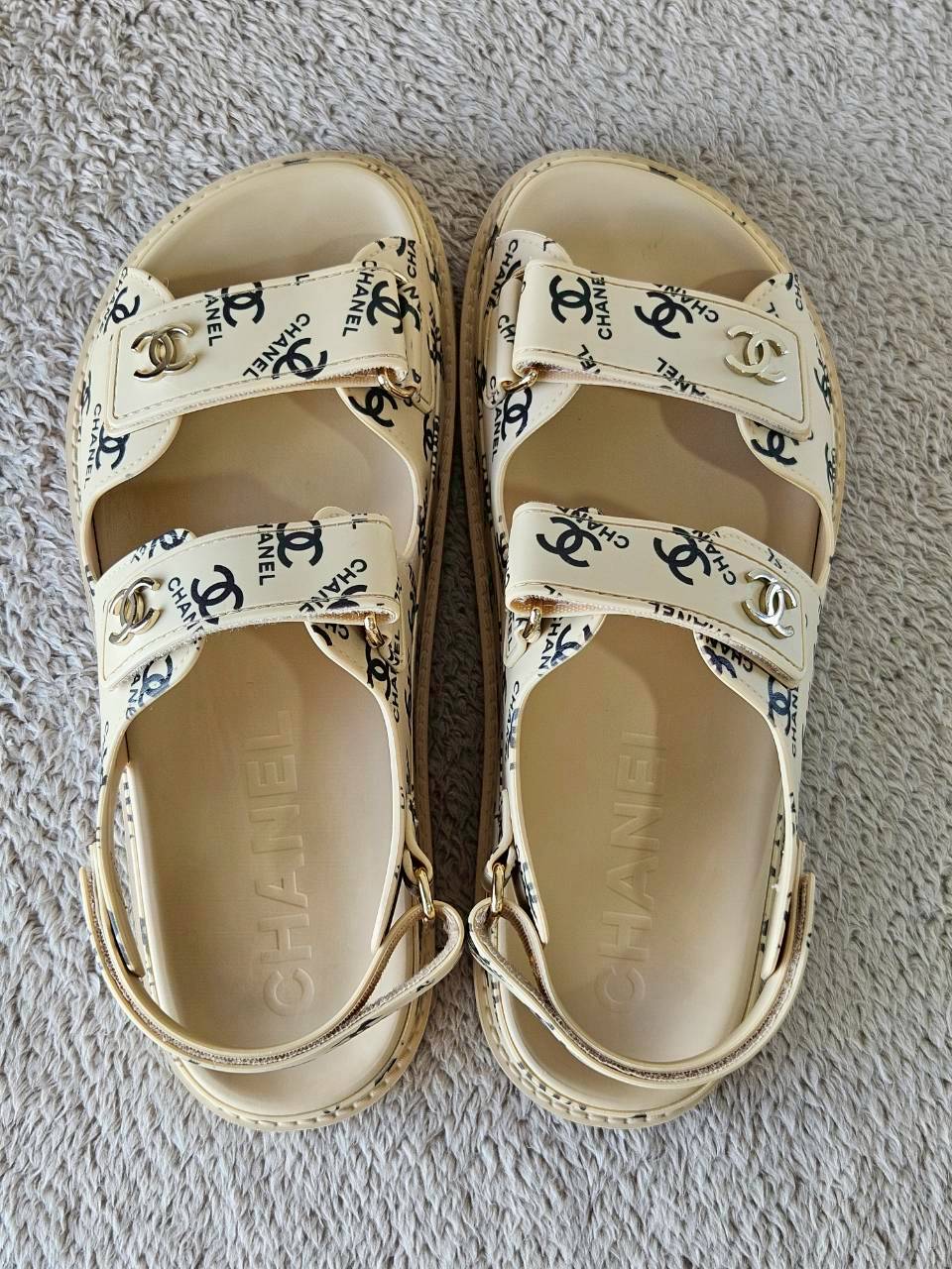 Chanel CC Dad Sandals In Rubber with God Hardware Beige