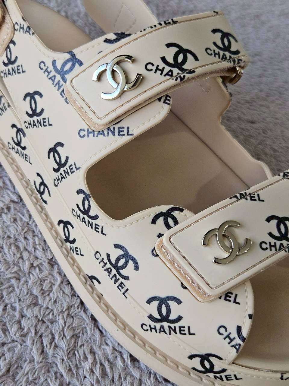 Chanel CC Dad Sandals In Rubber with God Hardware Beige
