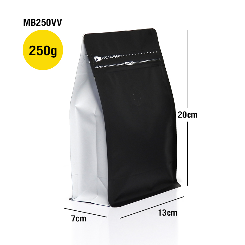 Zip lock coffee 250g, black bag on white side, with valve, expandable side (50 bags per pack)