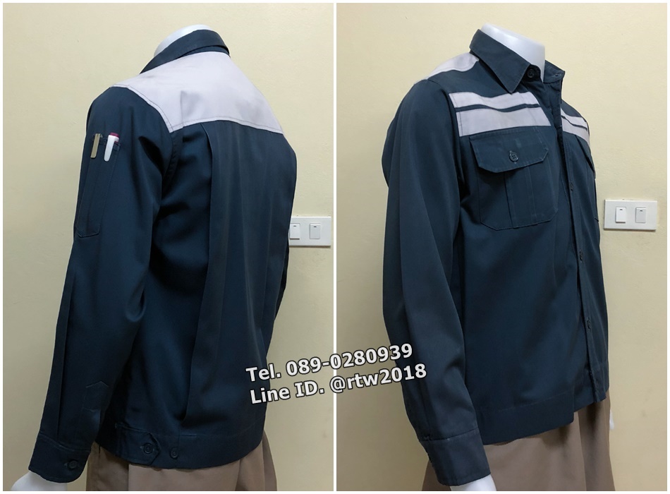 รหัส A64 : เสื้อช็อปแขนยาวผ้าคอมแบบสีกรมคาดอกเทาคู่