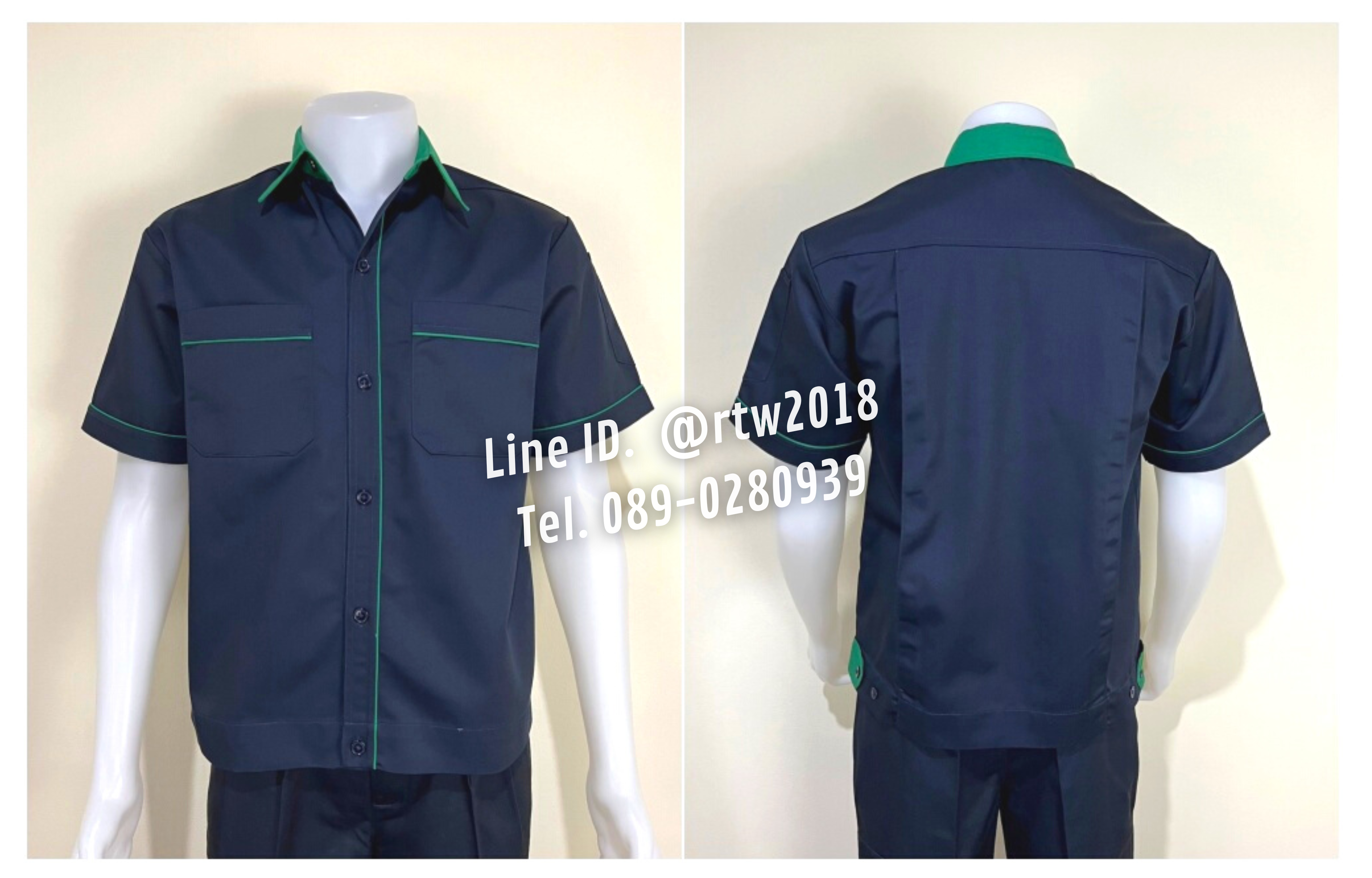 รหัส A6.4 : เสื้อช่างแขนสั้นผ้าคอมทวิวสีกรมท่ากุ้นเขียวเข้ม