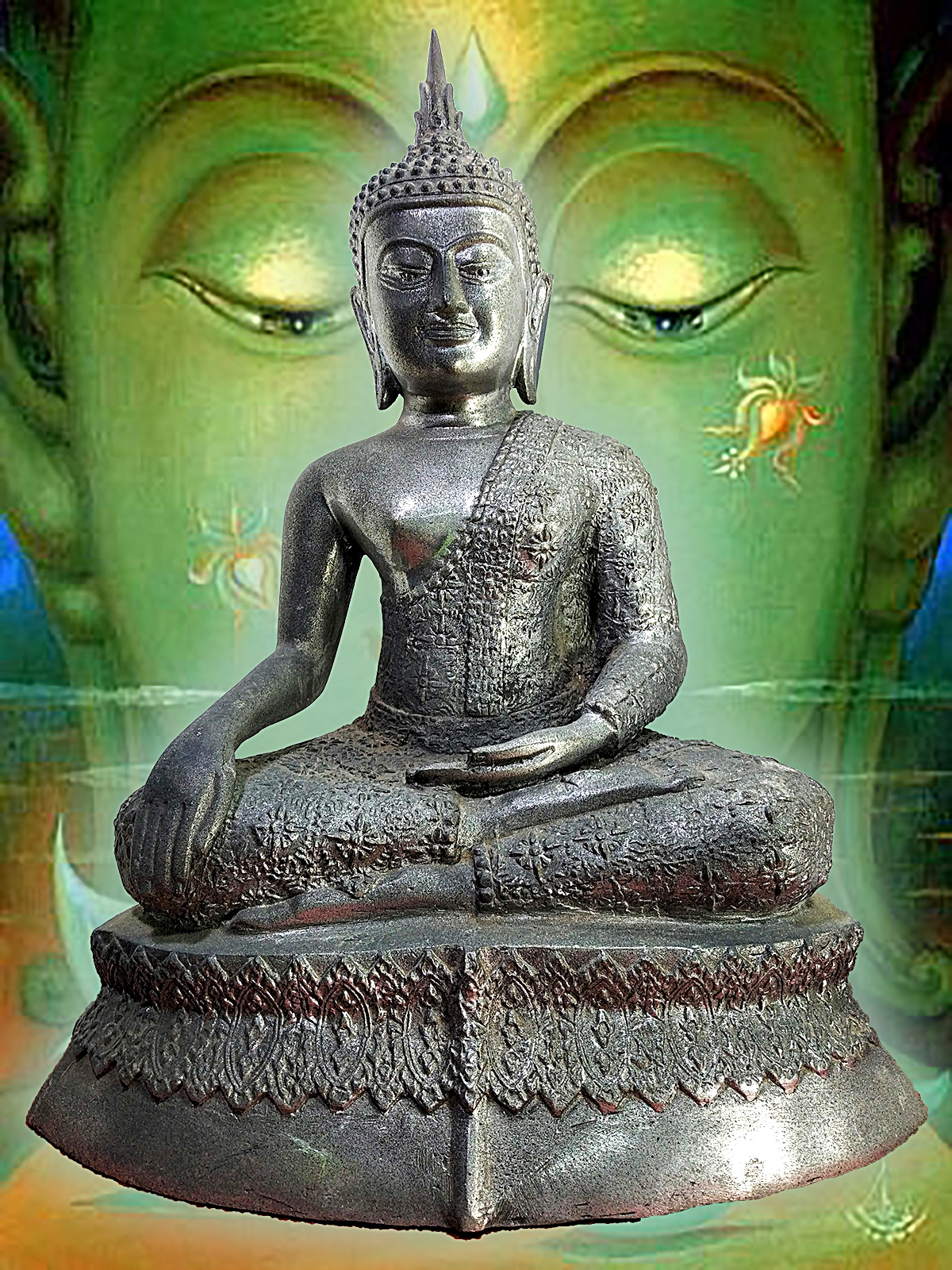 พระอู่ทอง ปางชนะมาร ห่มจีวรลายดอกพิกุลงดงาม หน้าตัก 9 นิ้ว