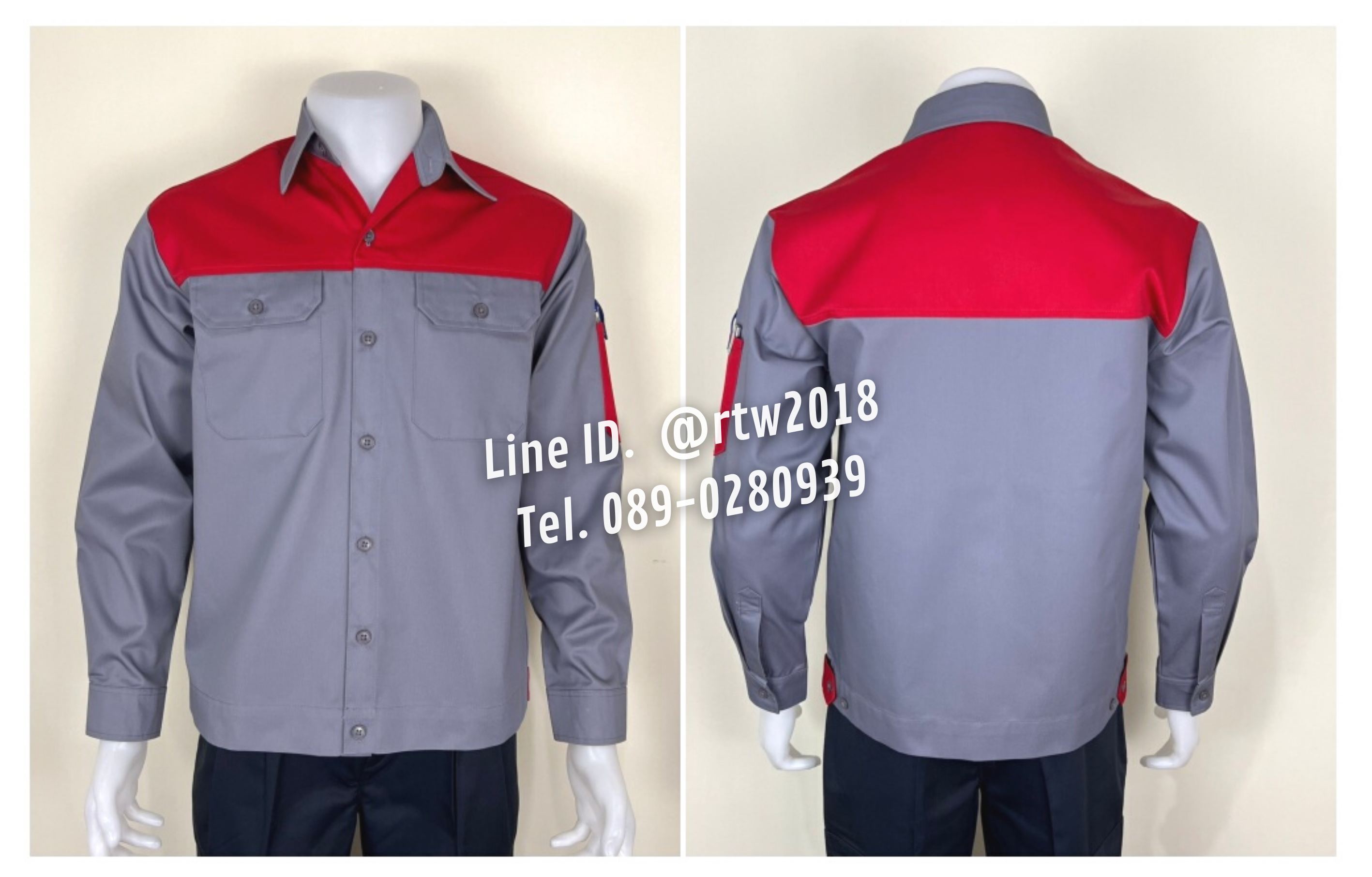 รหัส AB14.1 : เสื้อช่างแขนยาวผ้าคอมทวิวสีเทาอกแดง