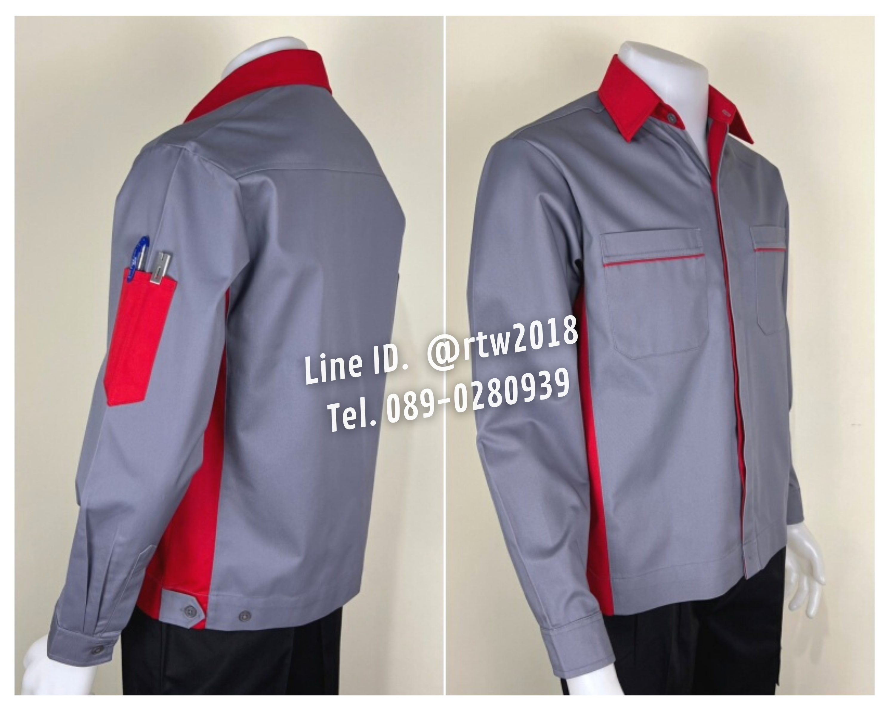 รหัส AB9.7 : เสื้อช่างแขนยาวผ้าคอมทวิวสีเทาข้างแดง (ซ่อนสาบ)