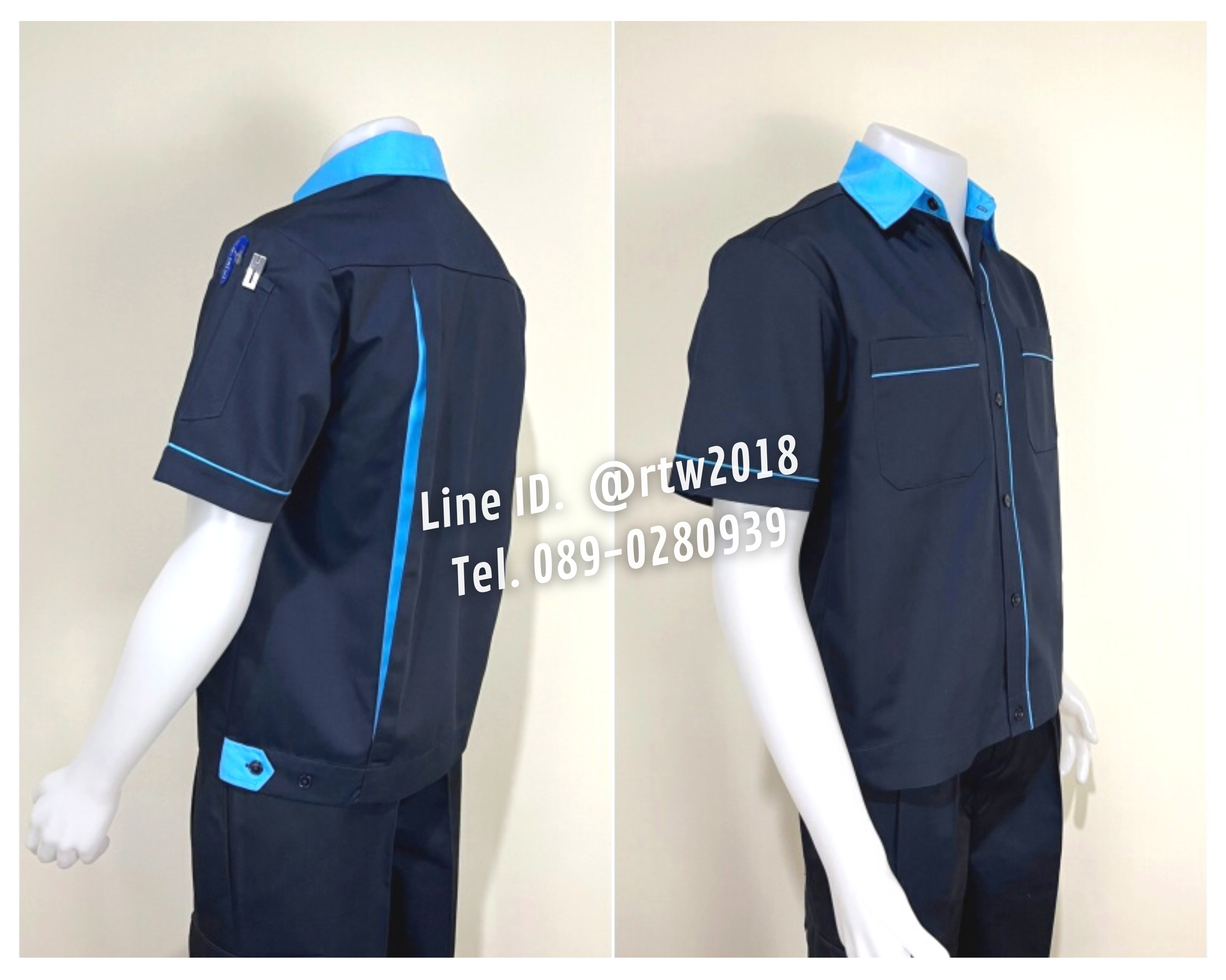 รหัส A6.2 : เสื้อช่างแขนสั้นผ้าคอมทวิวสีกรมท่ากุ้นฟ้าอ่อน