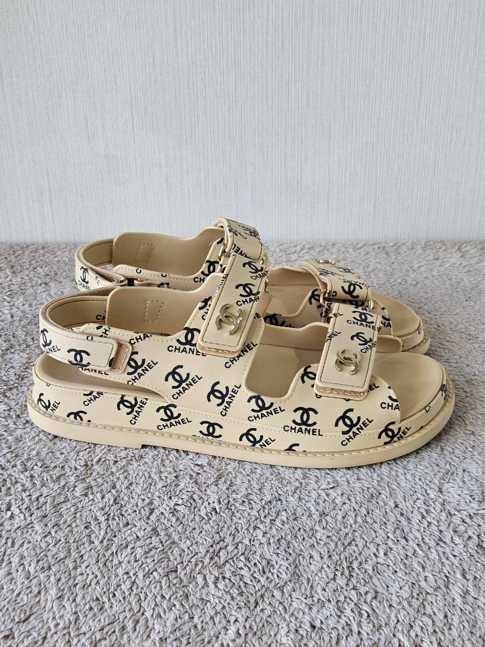 Chanel CC Dad Sandals In Rubber with God Hardware Beige