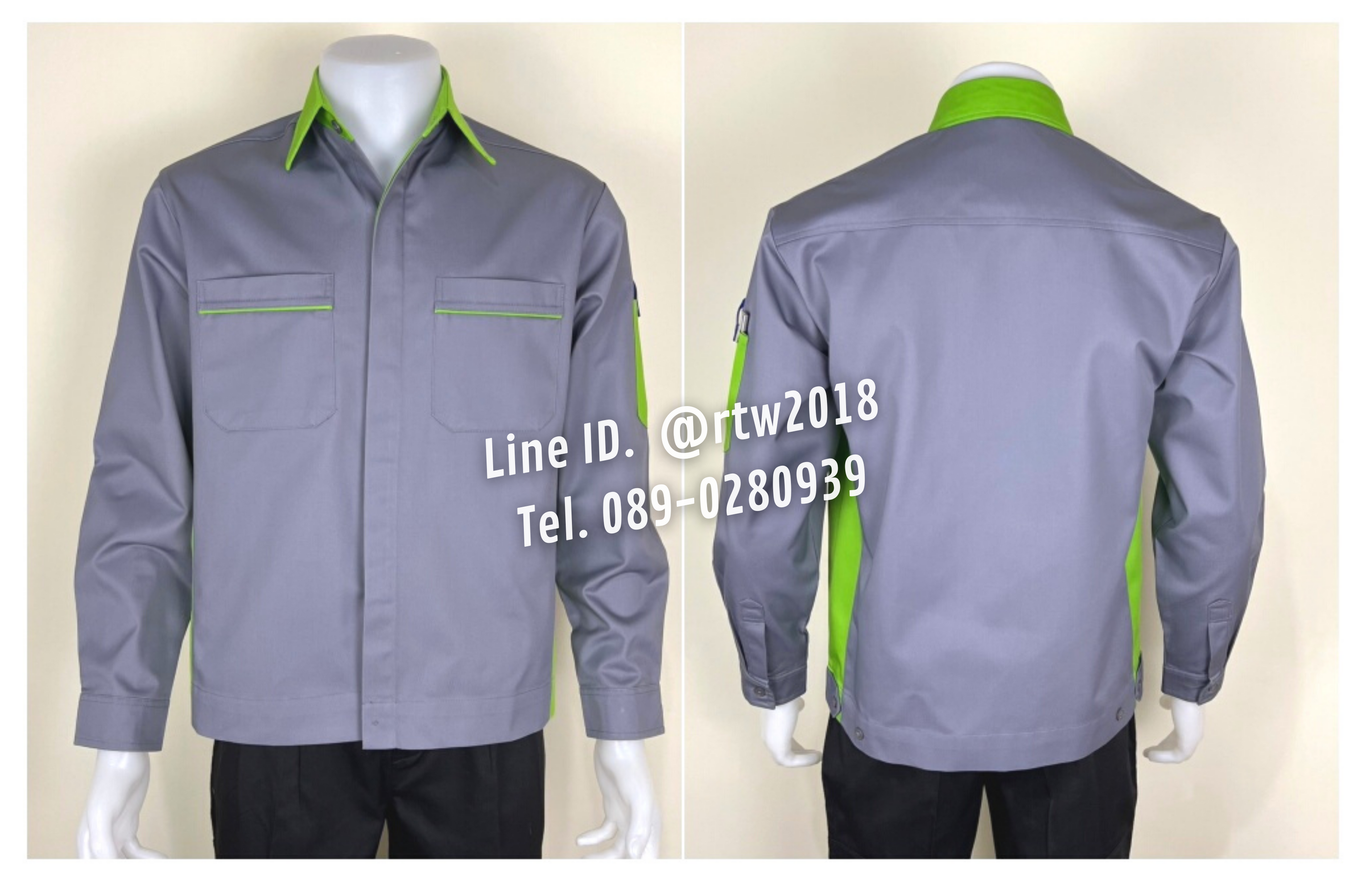รหัส AB9.4 : เสื้อช่างแขนยาวผ้าคอมทวิวสีเทาข้างเขียวอ่อน (ซ่อนสาบ)