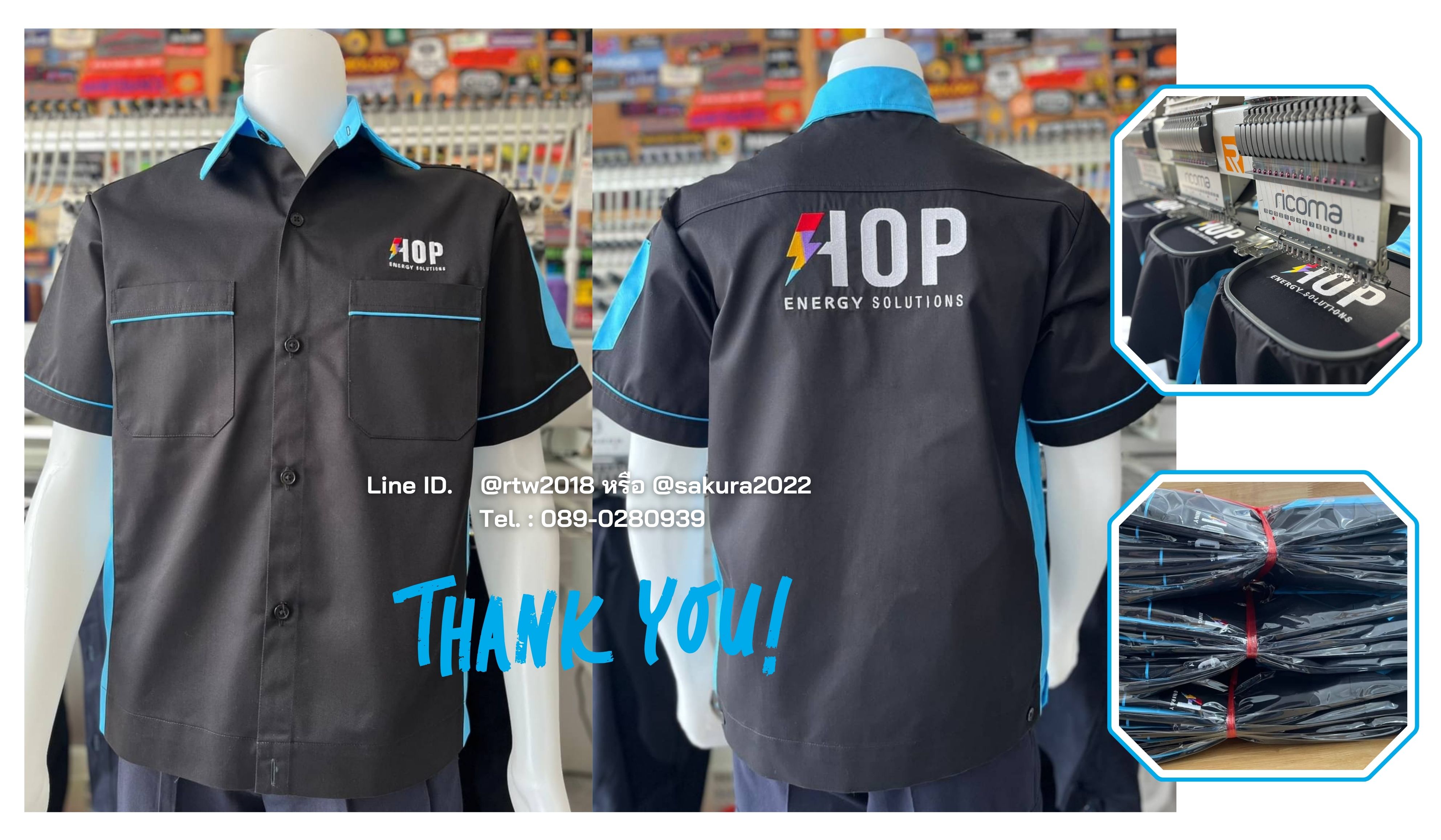 รหัส A13.2 : เสื้อช่างแขนสั้นผ้าคอมทวิวสีดำข้างฟ้าอ่อน