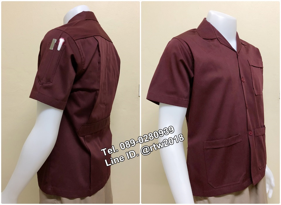 เสื้อช็อปแขนสั้นแบบสามกระเป๋าสีเลือดหมูล้วน (รหัส A31)