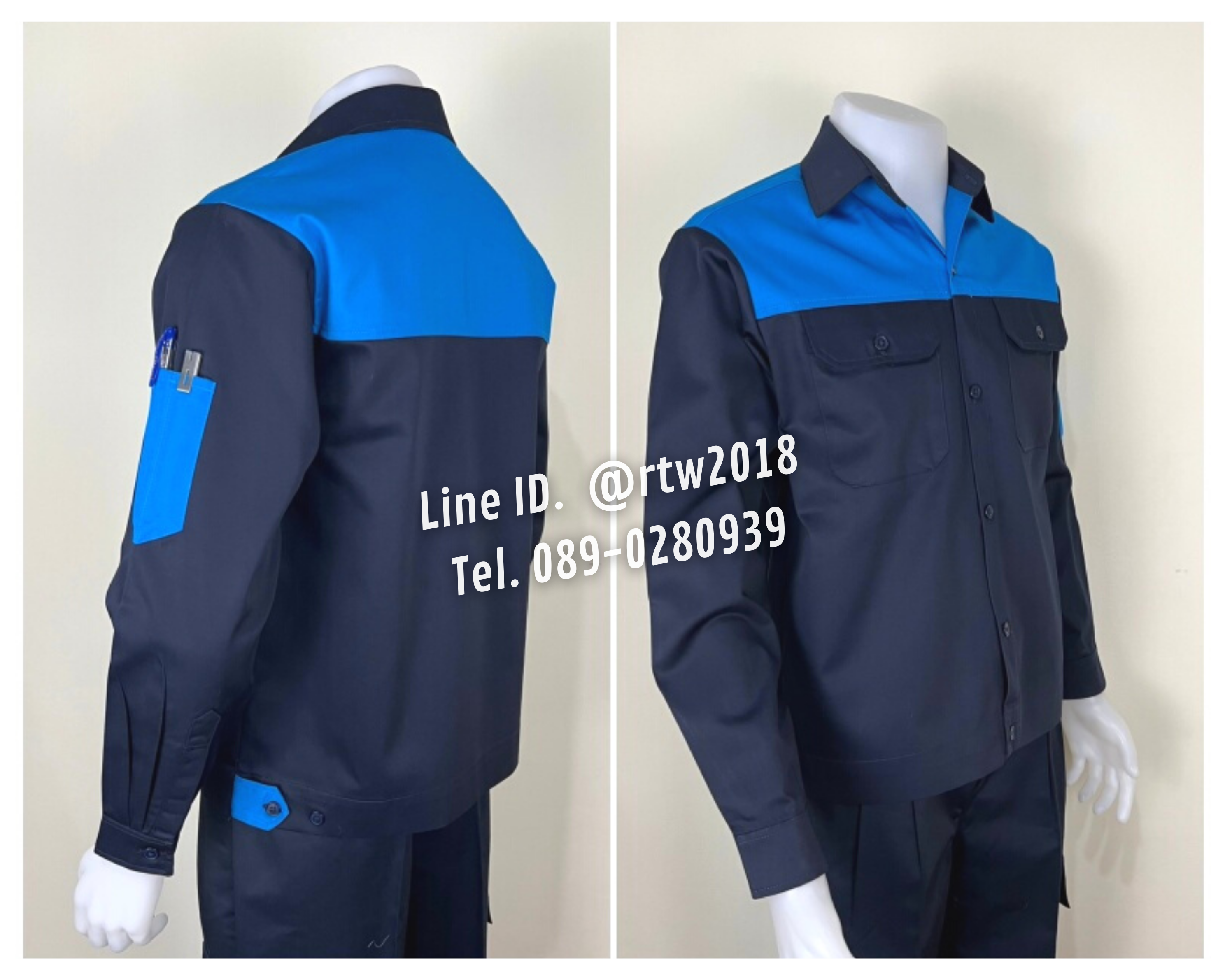 รหัส AB15.5 : เสื้อช่างแขนยาวผ้าคอมทวิวสีกรมท่าอกฟ้าเข้ม