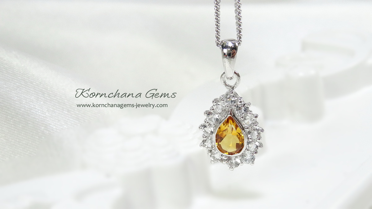 จี้พลอยซิทรินแท้ พลอยสีเหลืองทรงหยดน้ำ ล้อมด้วยพลอยขาวไวท์โทพาส ขนาดจี้ 2 ซม. ชิ้นงานประณีต ตัวเรือนเงินแท้ จัดส่งรวดเร็ว