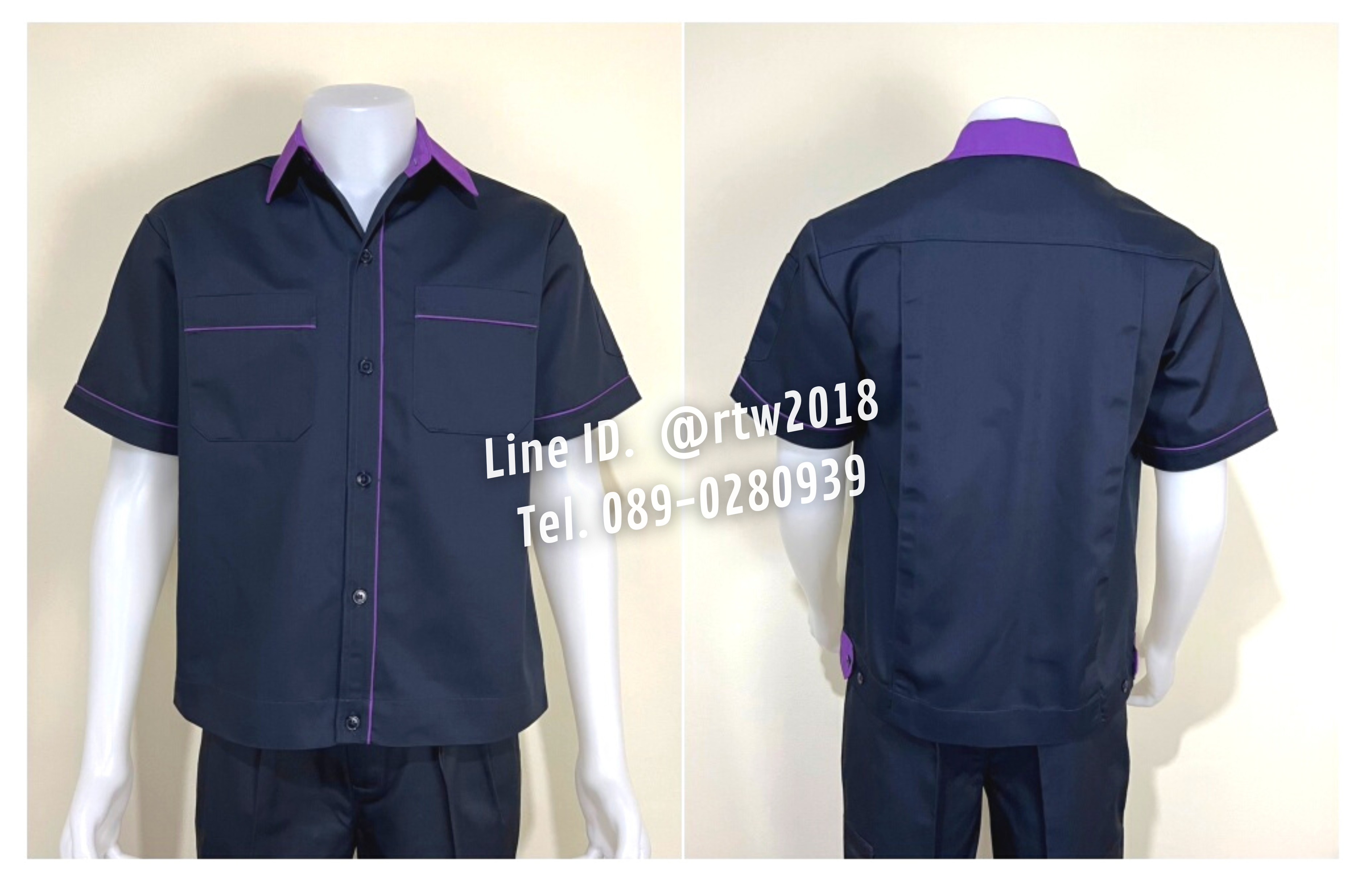รหัส A6.1 : เสื้อช่างแขนสั้นผ้าคอมทวิวสีกรมท่ากุ้นม่วง