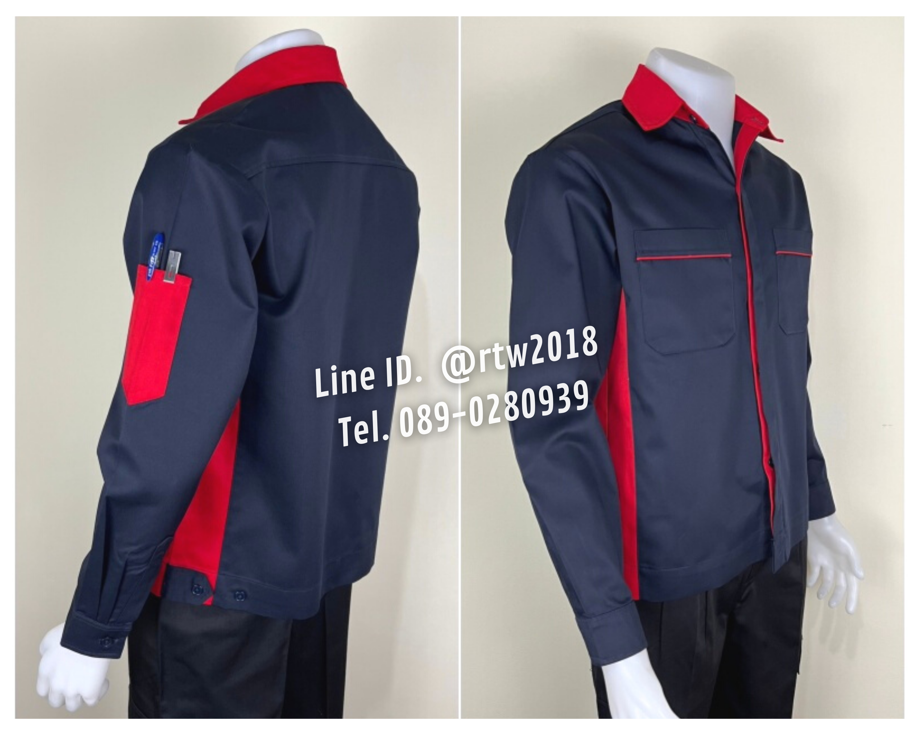 รหัส AB10.6 : เสื้อช่างแขนยาวผ้าคอมทวิวสีกรมท่าข้างแดง (ซ่อนสาบ)