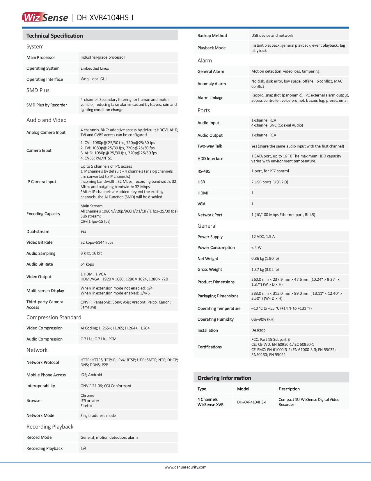 Dahua XVR4104HS-I เครื่องบันทึกกล้องวงจรปิด 4 ช่อง