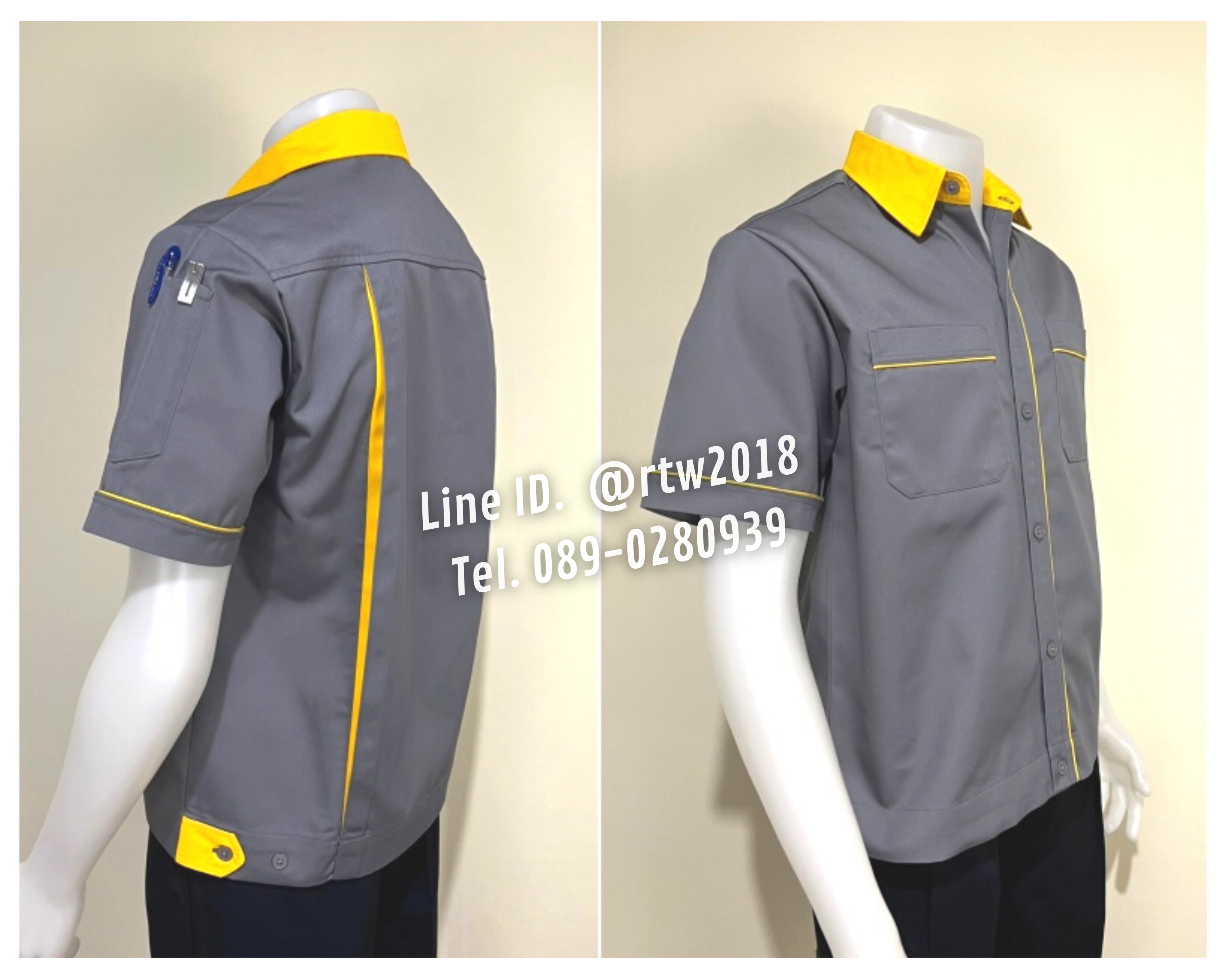 รหัส A5.9 : เสื้อช่างแขนสั้นผ้าคอมทวิวสีเทากุ้นเหลือง