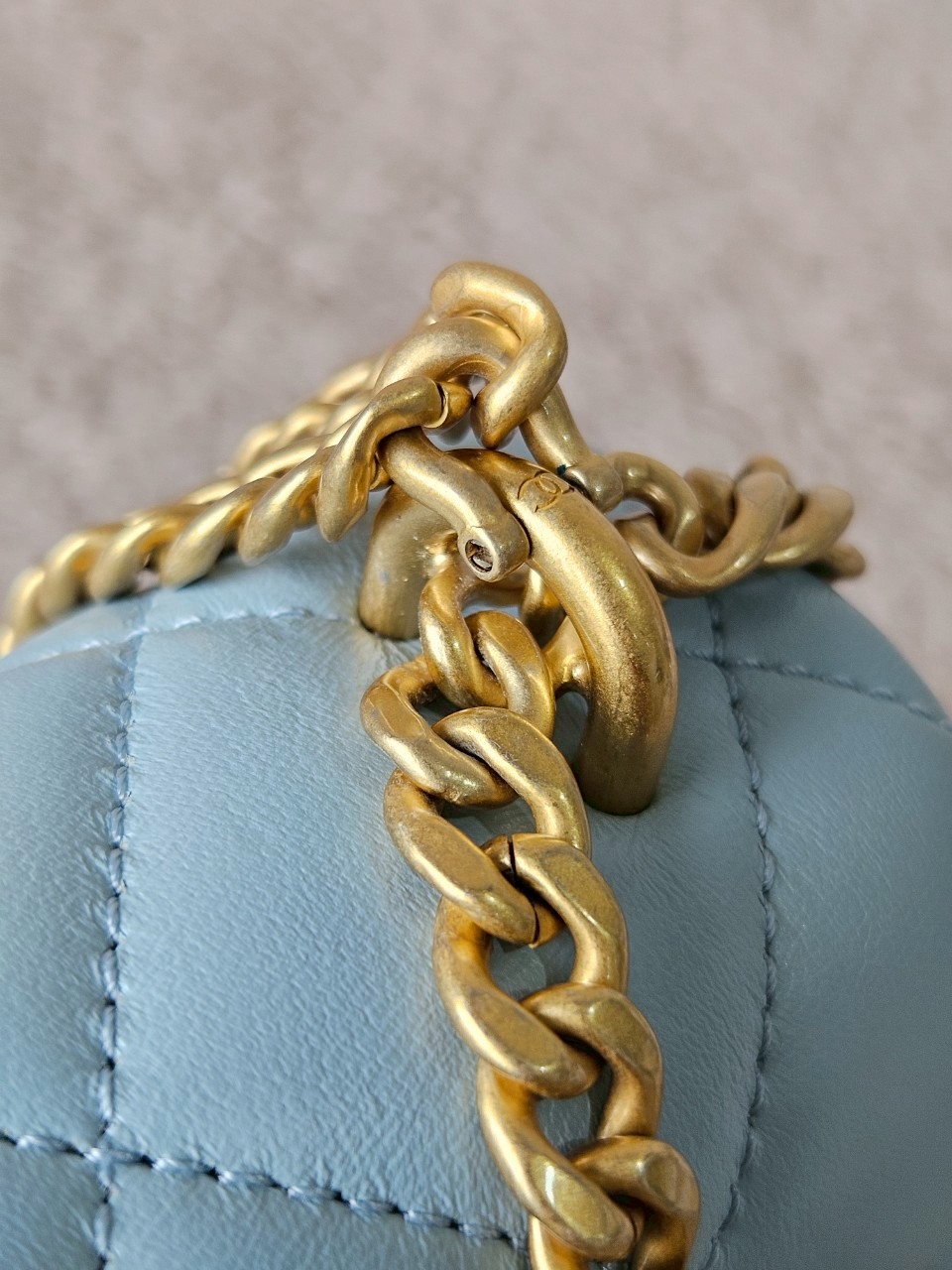 Chanel 22P Seasonal Mini Square Flap Bag Lambskin Light Blue And Enamel With Gold Hardware Metalplate