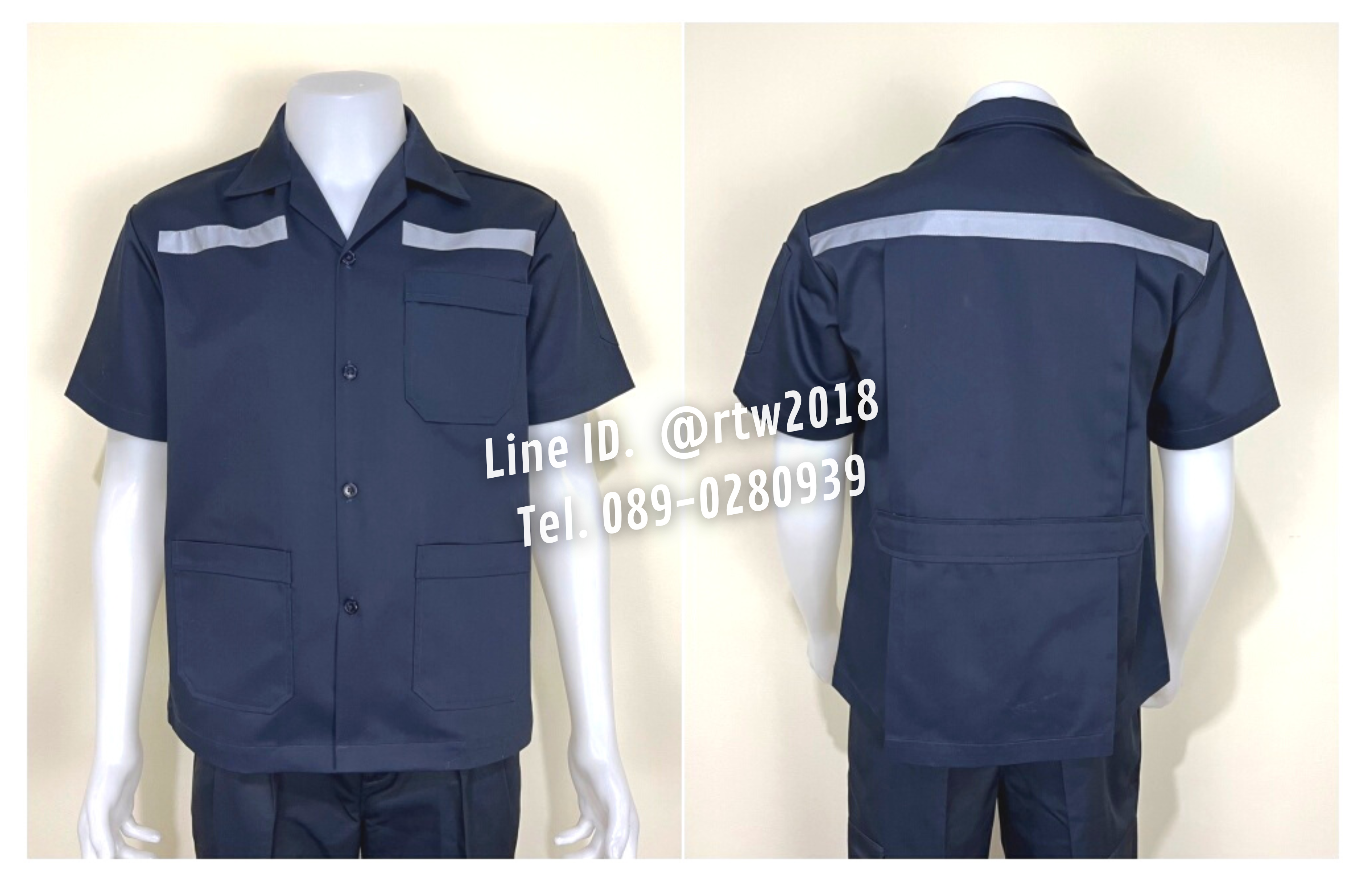 รหัส A1.1 : เสื้อช่างแขนสั้นผ้าคอมทวิวสามกระเป๋าสีกรมท่าล้วน (ติดสะท้อนแสง)