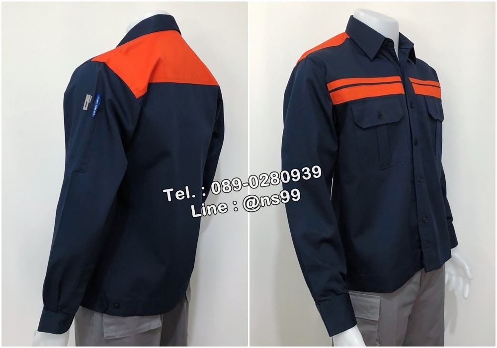 รหัส A112 : เสื้อช่างแขนยาวผ้าคอมทวิวแบบกรมคาดอกส้มคู่