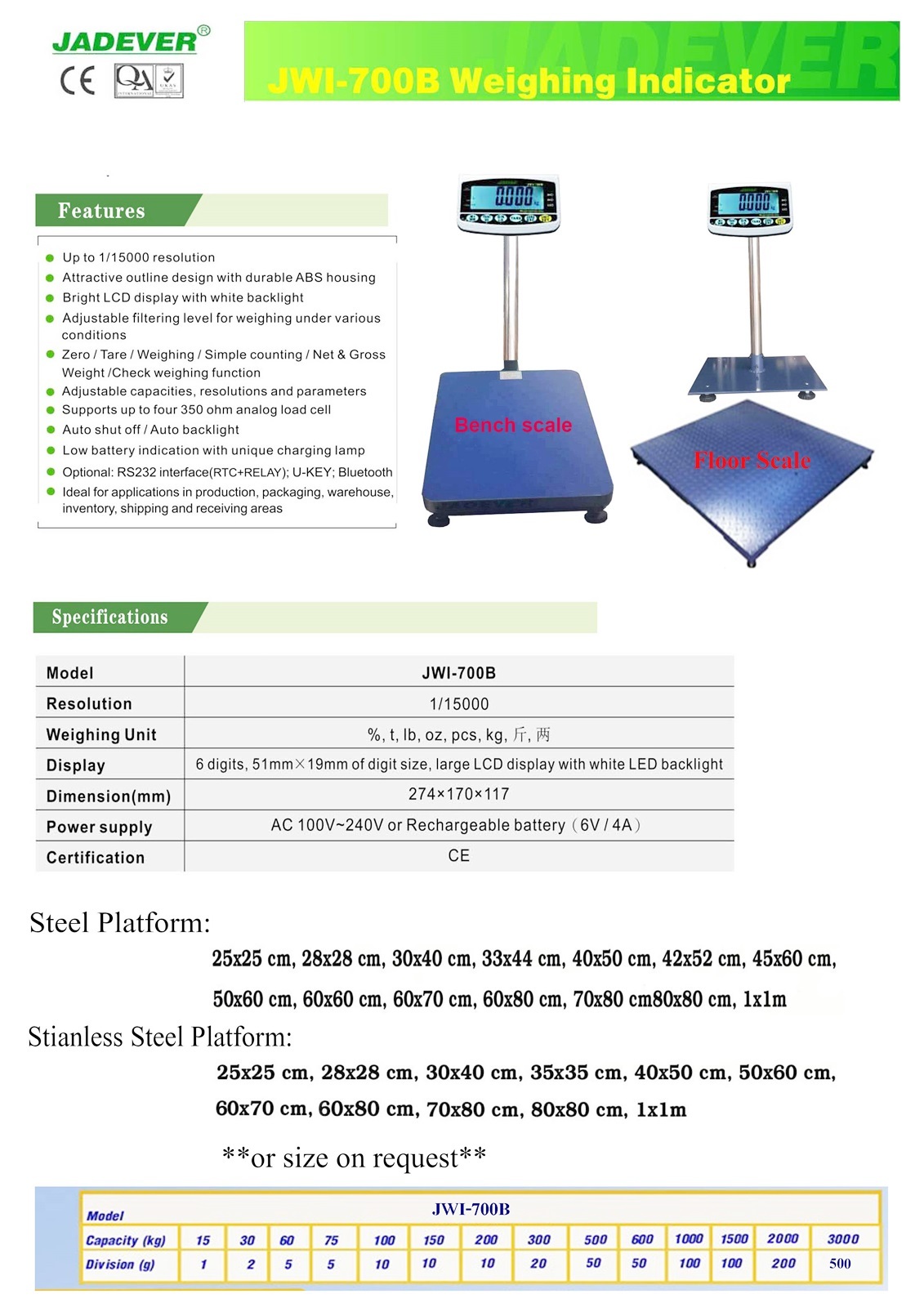 JADEVER เครื่องชั่งวางพื้น ขนาดแท่นชั่ง 30x40Cm JWI 700B