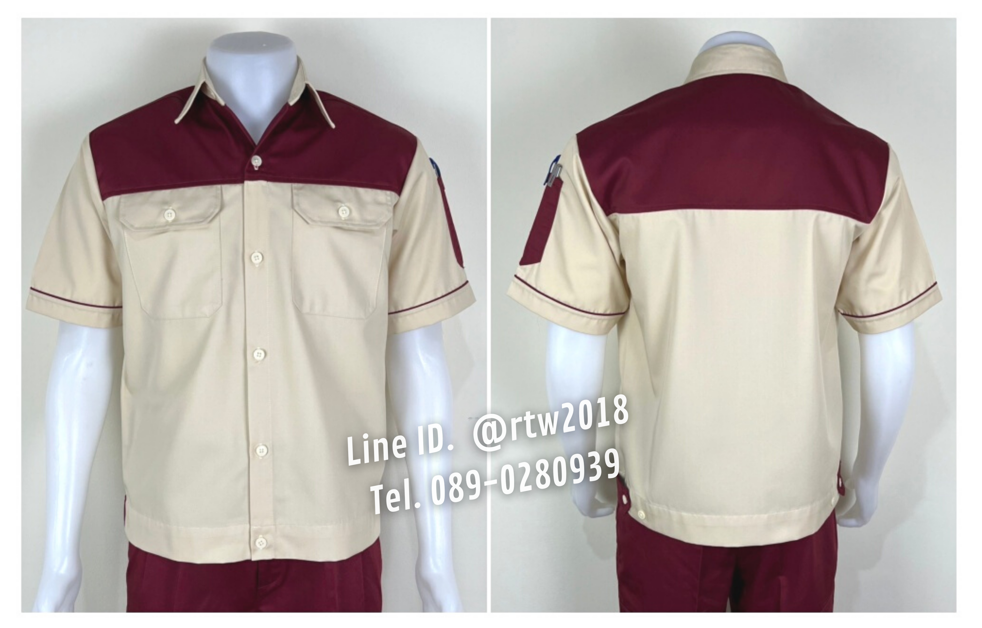 รหัส A30.4 : เสื้อช่างแขนสั้นผ้าคอมทวิวสีครีมอกเลือดหมู