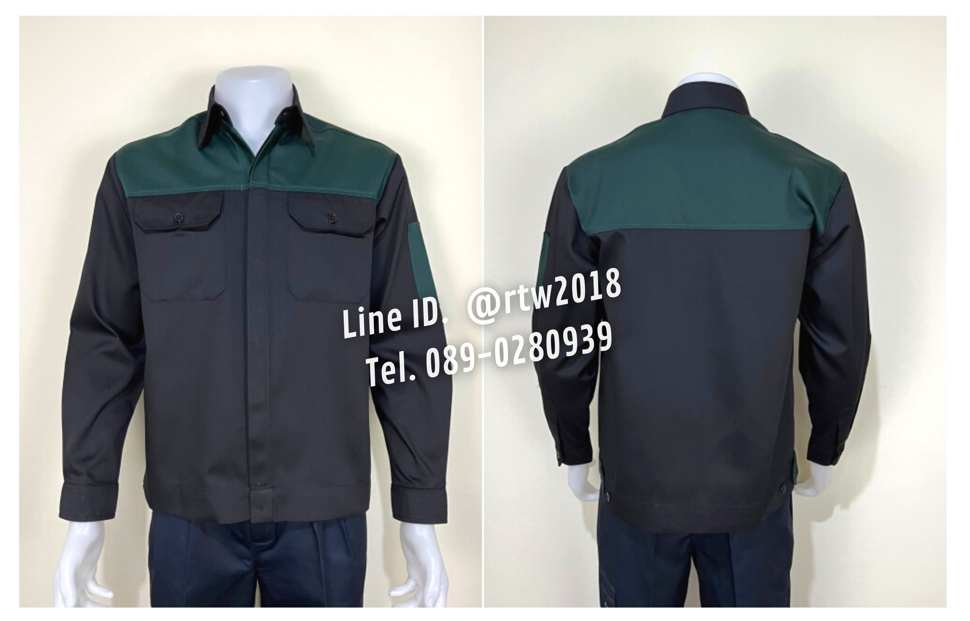 รหัส AB4.6 : เสื้อช่างแขนยาวผ้าคอมทวิวดำอกเขียวแก่ (ซ่อนสาบ)
