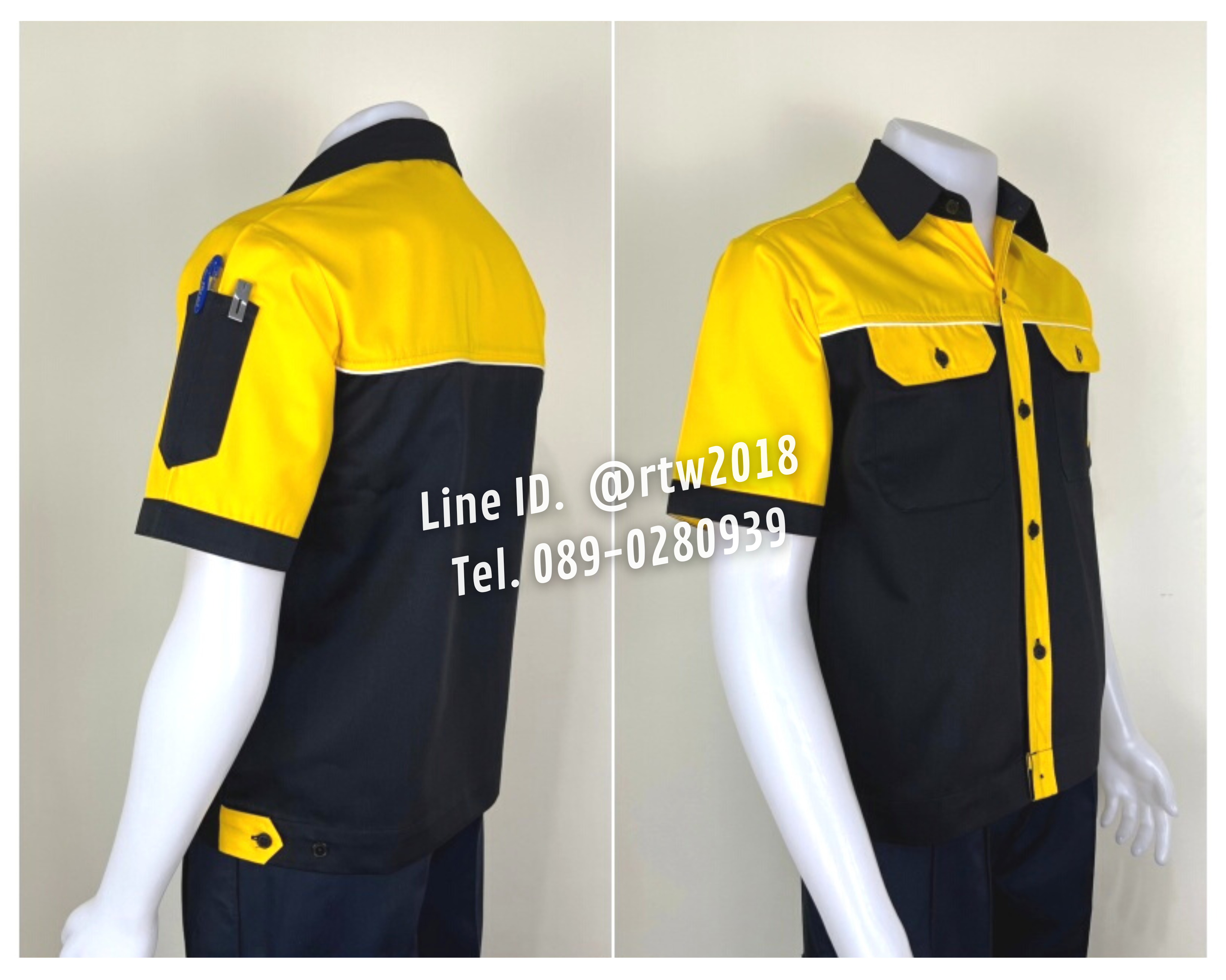 รหัส A27.1 : เสื้อช่างแขนสั้นผ้าคอมทวิวสีดำอก+แขนเหลือง (กุ้นขาว)