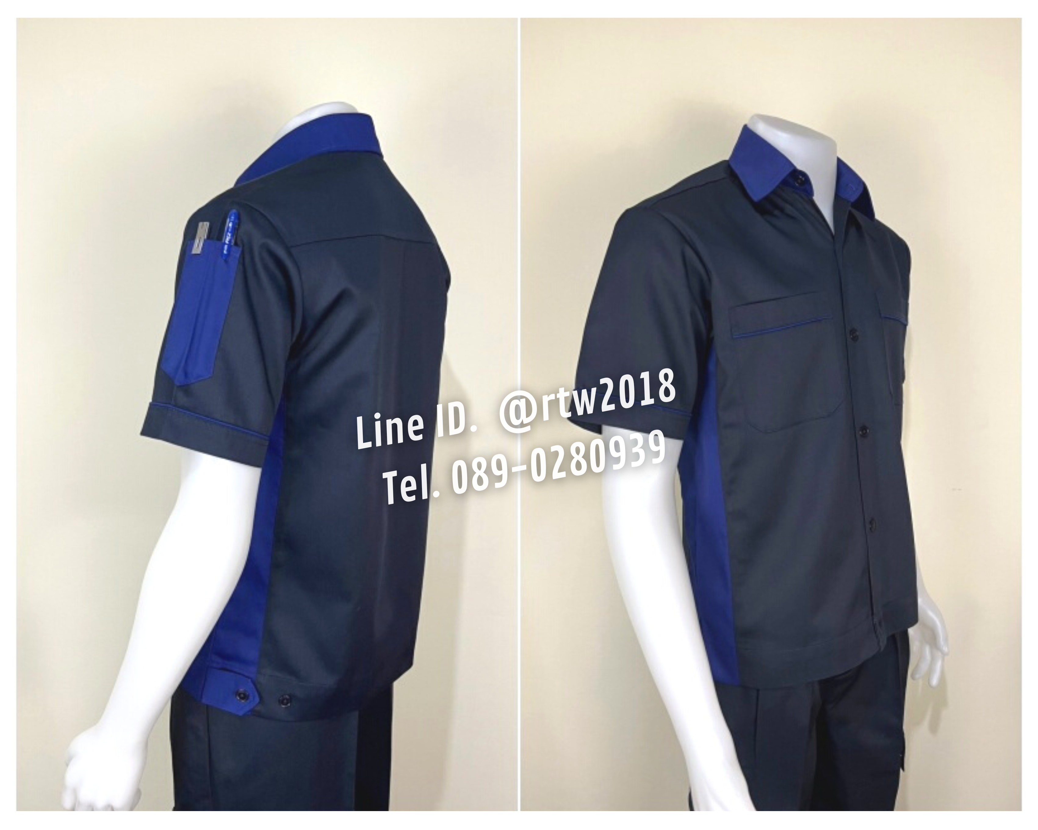 รหัส A12.4 : เสื้อช่างแขนสั้นผ้าคอมทวิวสีกรมท่าข้างน้ำเงิน