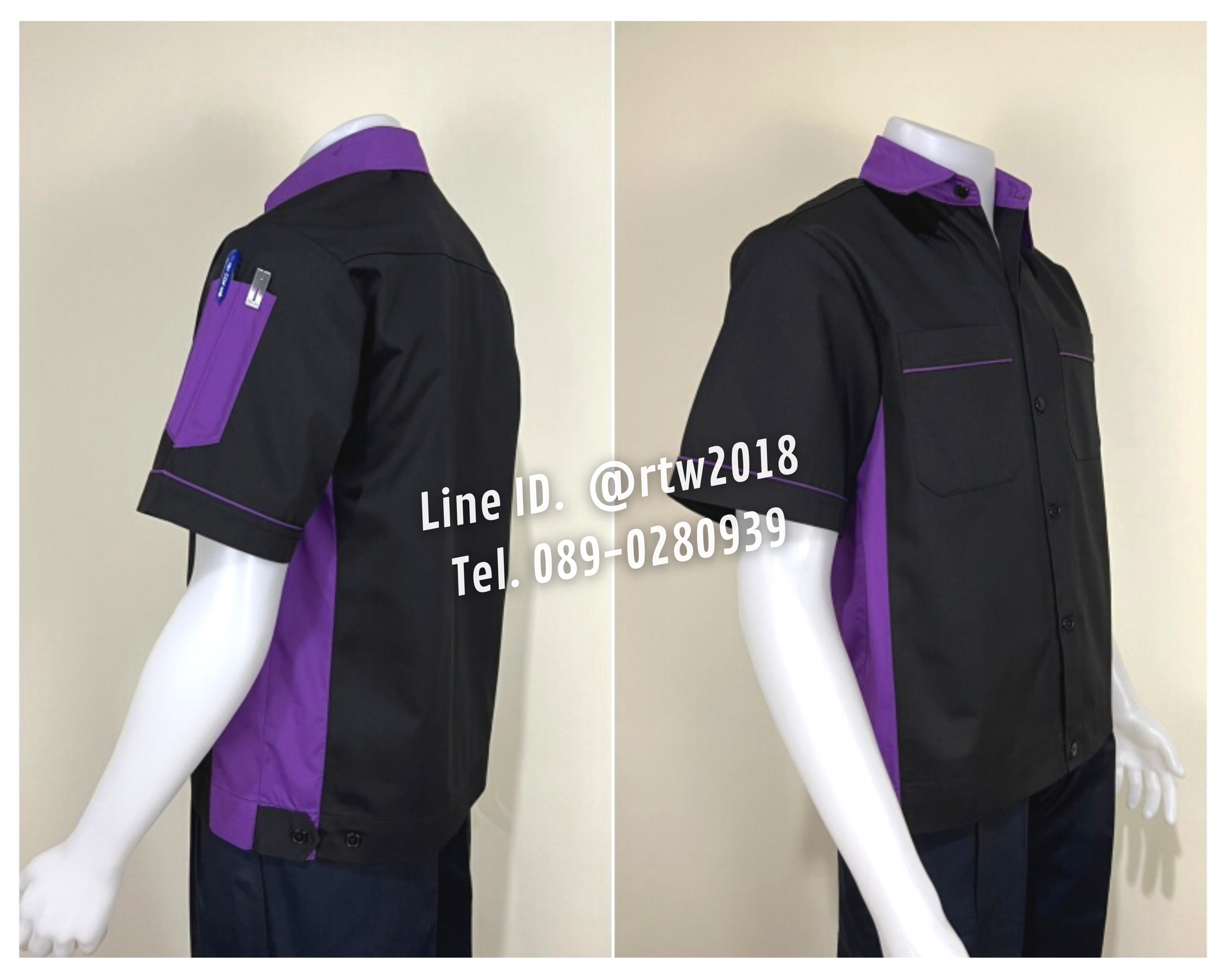 รหัส A13.1 : เสื้อช่างแขนสั้นผ้าคอมทวิวสีดำข้างม่วง