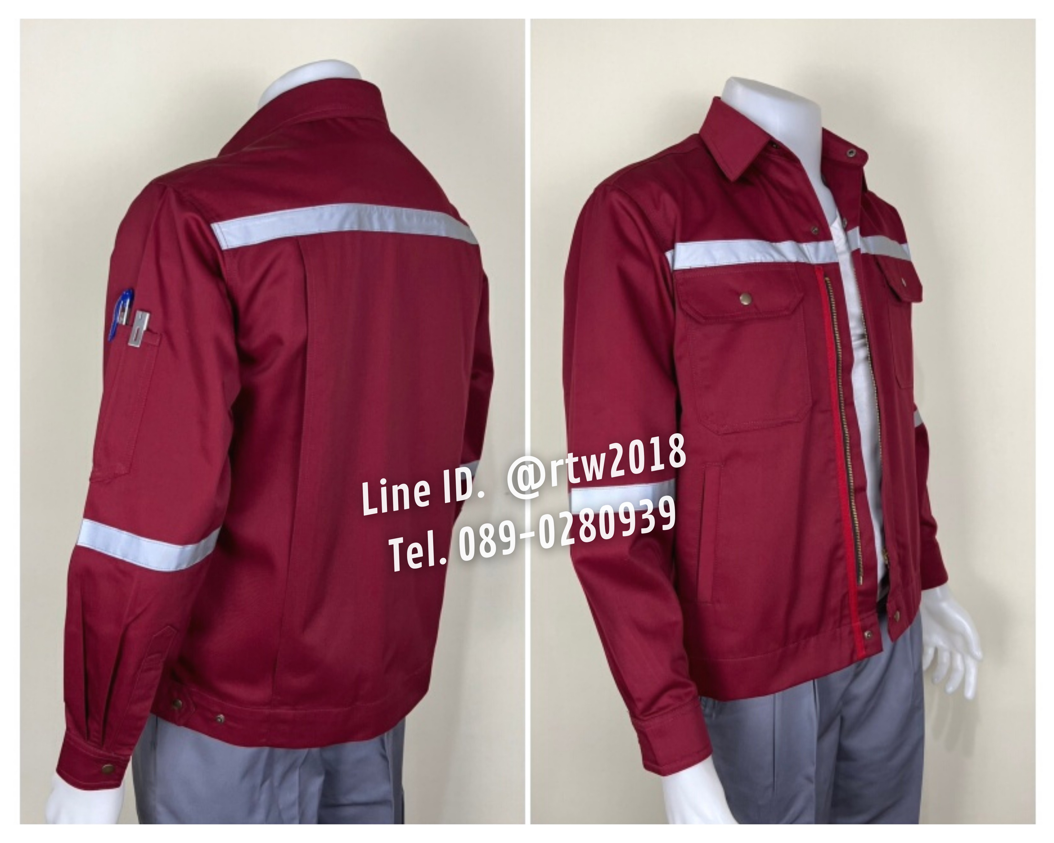 รหัส AB17.5 : เสื้อช่างแจ็คเก็ตแขนยาวผ้าคอมทวิว 4 กระเป๋าสีเลือดหมู (ติดสะท้อนแสง)