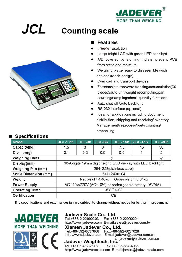 JADEVER เครื่องชั่งนับจำนวนนับชิ้นงาน เครื่องชั่งดิจิตอลสำหรับการนับจำนวนของชิ้นงาน JCL