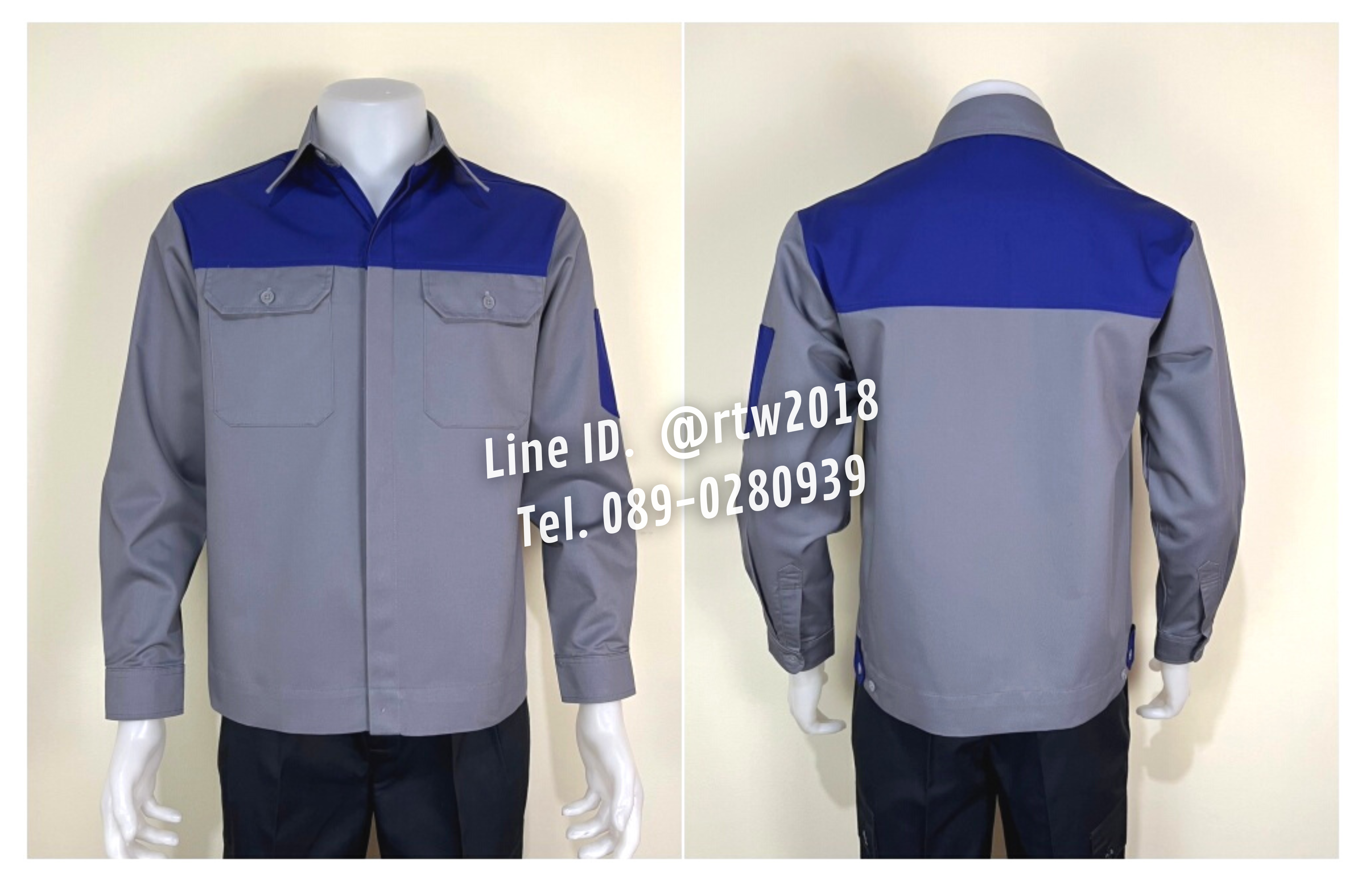 รหัส AB2.2 : เสื้อช่างแขนยาวผ้าคอมทวิวเทาอกน้ำเงิน (ซ่อนสาบ)
