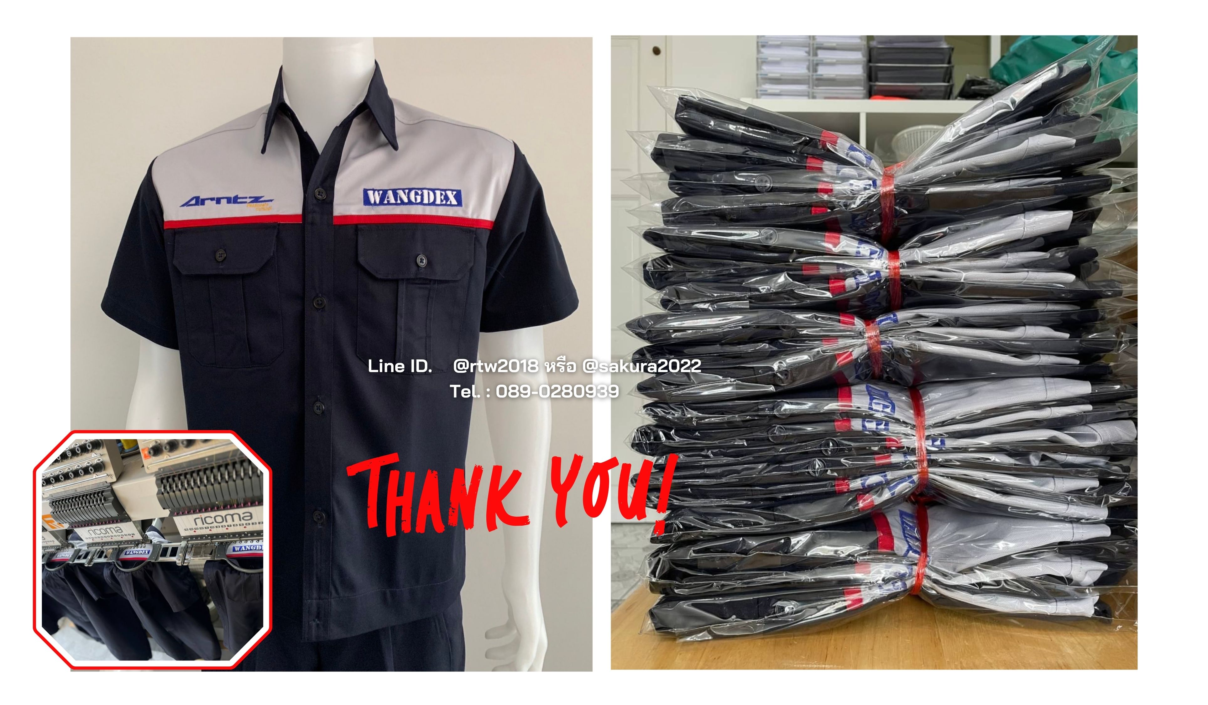 รหัส A20.3 : เสื้อช่างแขนสั้นผ้าคอมทวิวสีกรมท่าอกแดงแต่งเทา