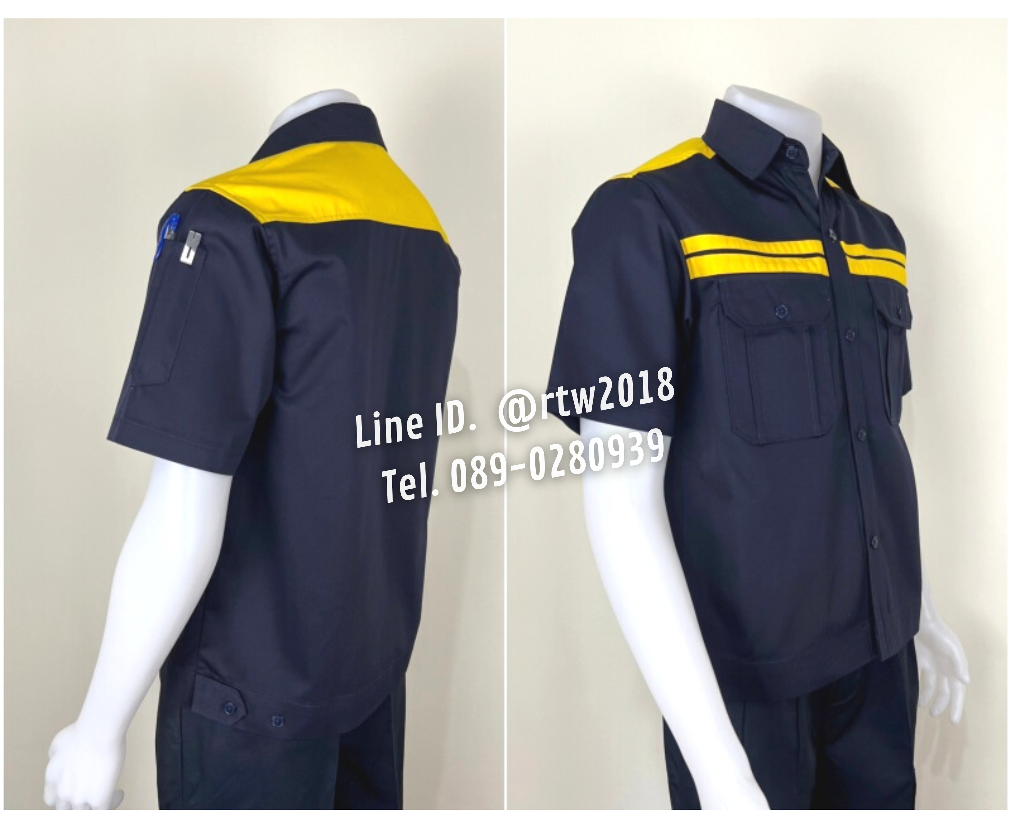 รหัส A19.1 : เสื้อช่างแขนสั้นผ้าคอมทวิวสีกรมท่าคาดอกเหลืองคู่