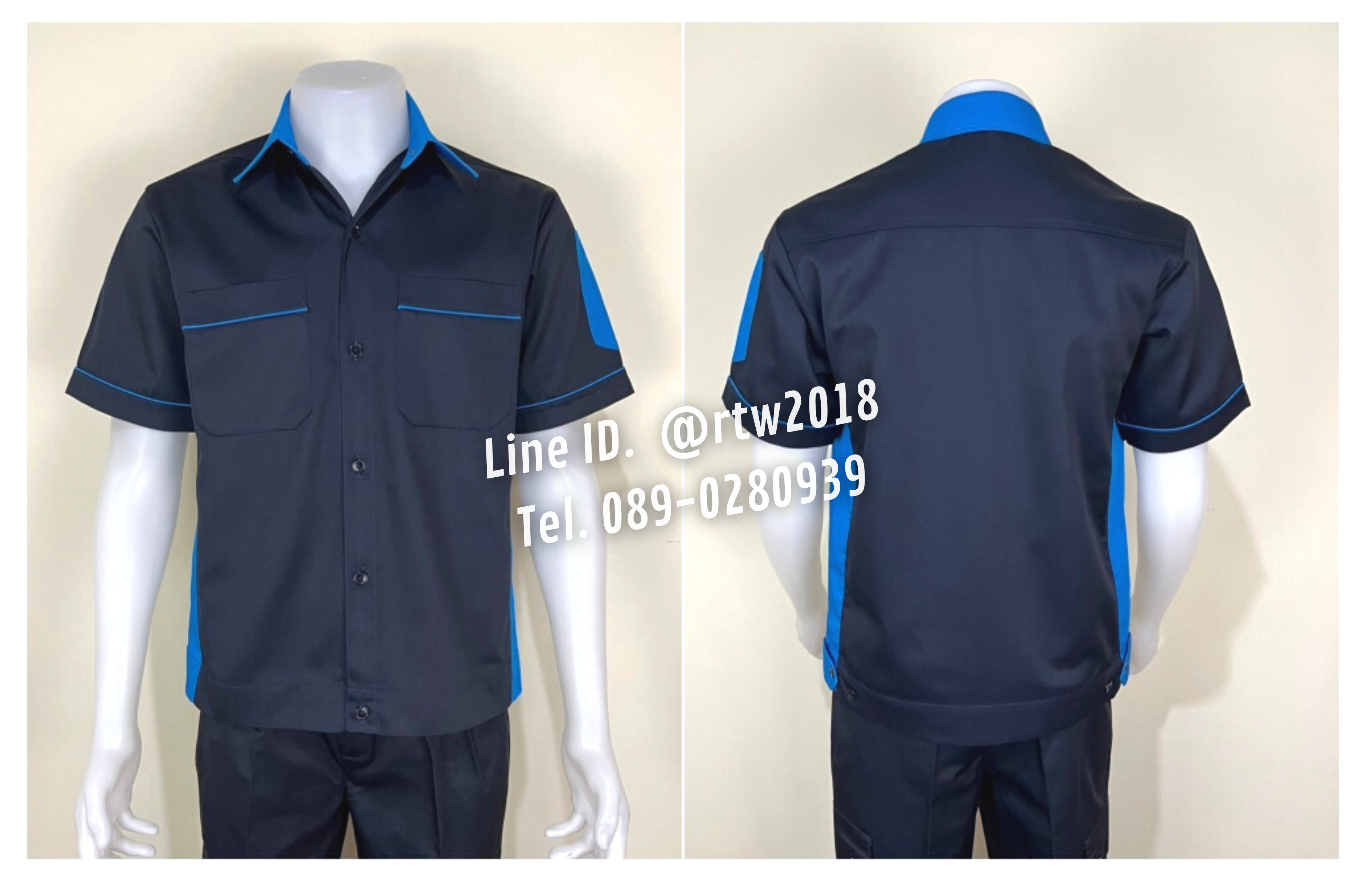 รหัส A12.3 : เสื้อช่างแขนสั้นผ้าคอมทวิวสีกรมท่าข้างฟ้าเข้ม