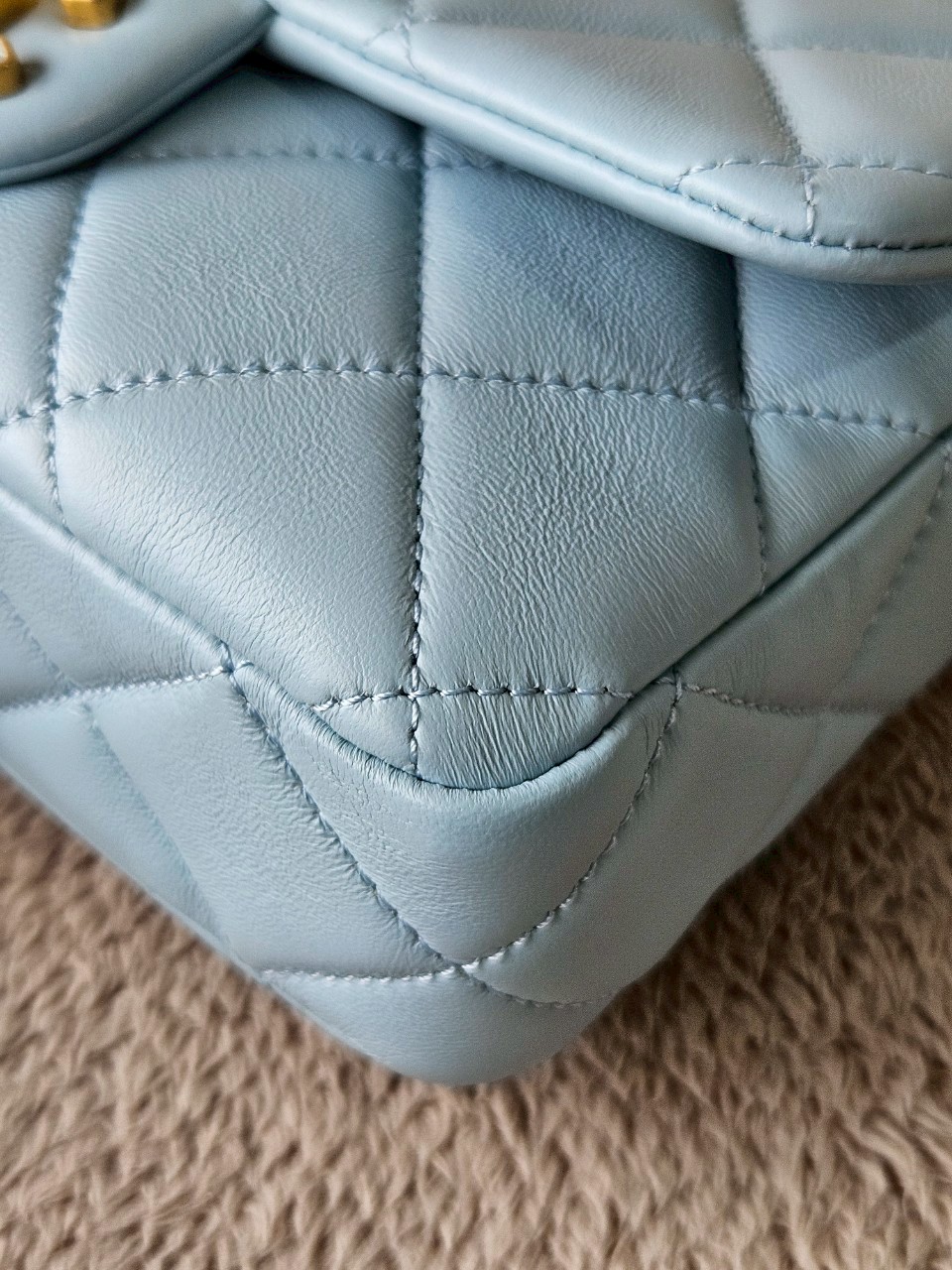 Chanel 22P Seasonal Mini Square Flap Bag Lambskin Light Blue And Enamel With Gold Hardware Metalplate