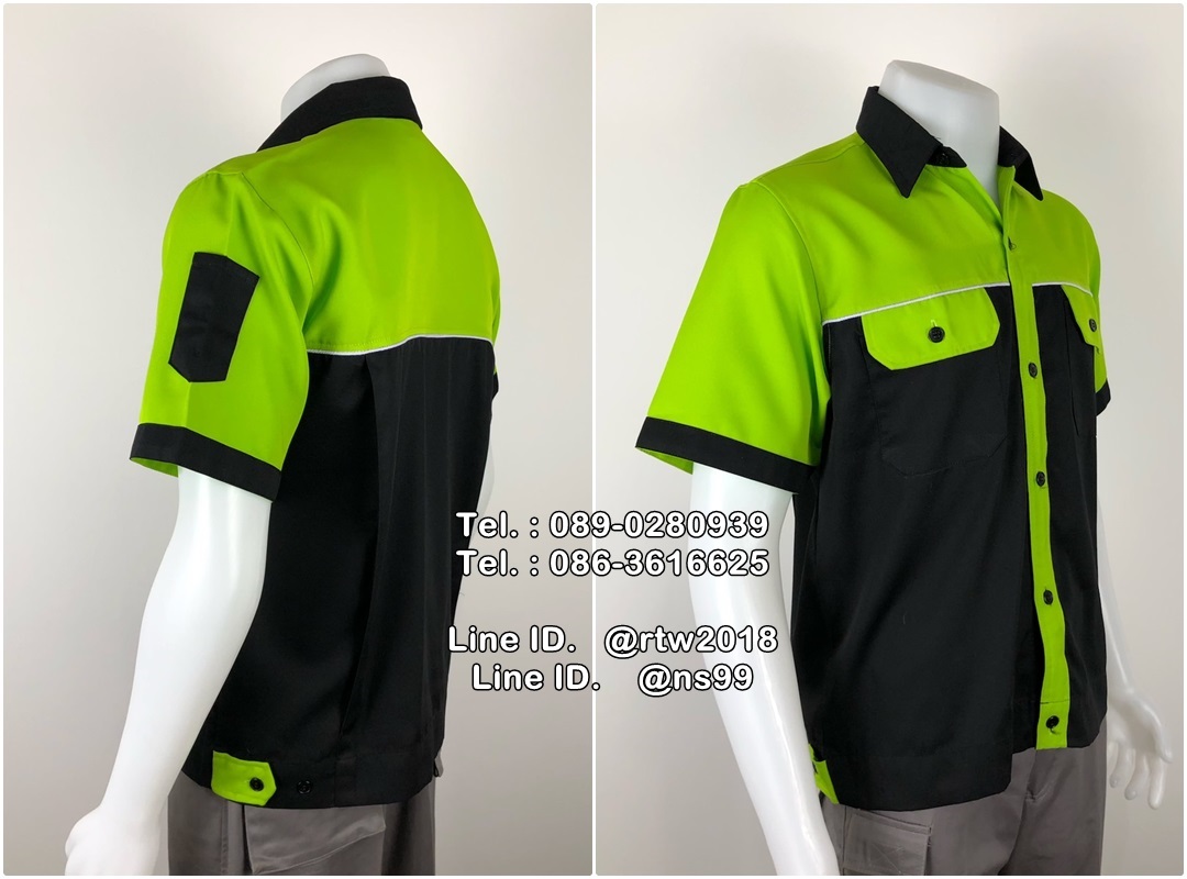 รหัส A115 : เสื้อช่างแขนสั้นผ้าคอมทวิวดำอกเขียวกุ้นขาว