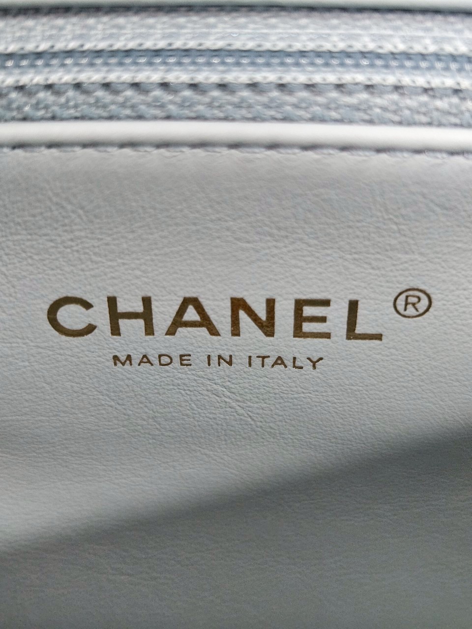 Chanel 22P Seasonal Mini Square Flap Bag Lambskin Light Blue And Enamel With Gold Hardware Metalplate