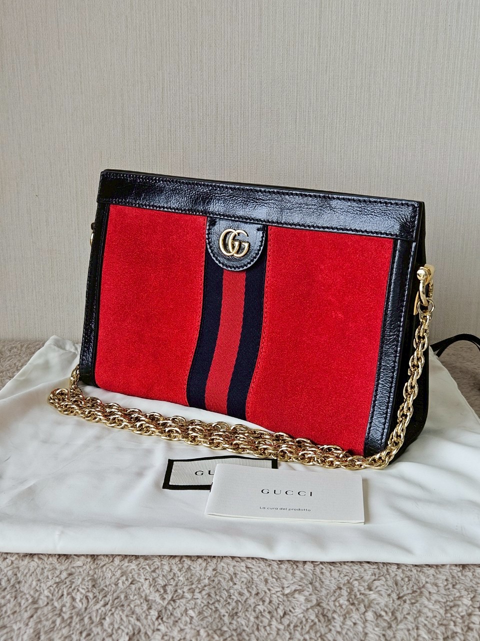 Gucci 503877 Ophidia Red Suede Chain Shoulder Bag