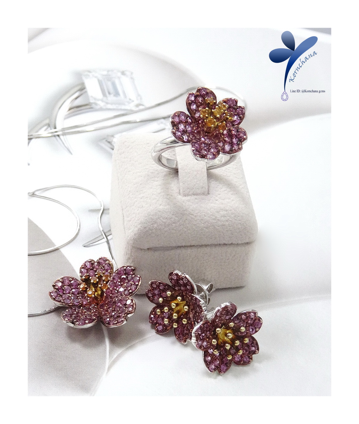 เซ็ทเครื่องประดับจิลเวลรี่พลอยแท้โรโดไลท์ ดีไซน์เป็นดอกซากุระ Sakura Set แหวน สร้อยพร้อมจี้และต่างหู ชิ้นงานประณีตสุดๆ สีพลอยสวยมาก