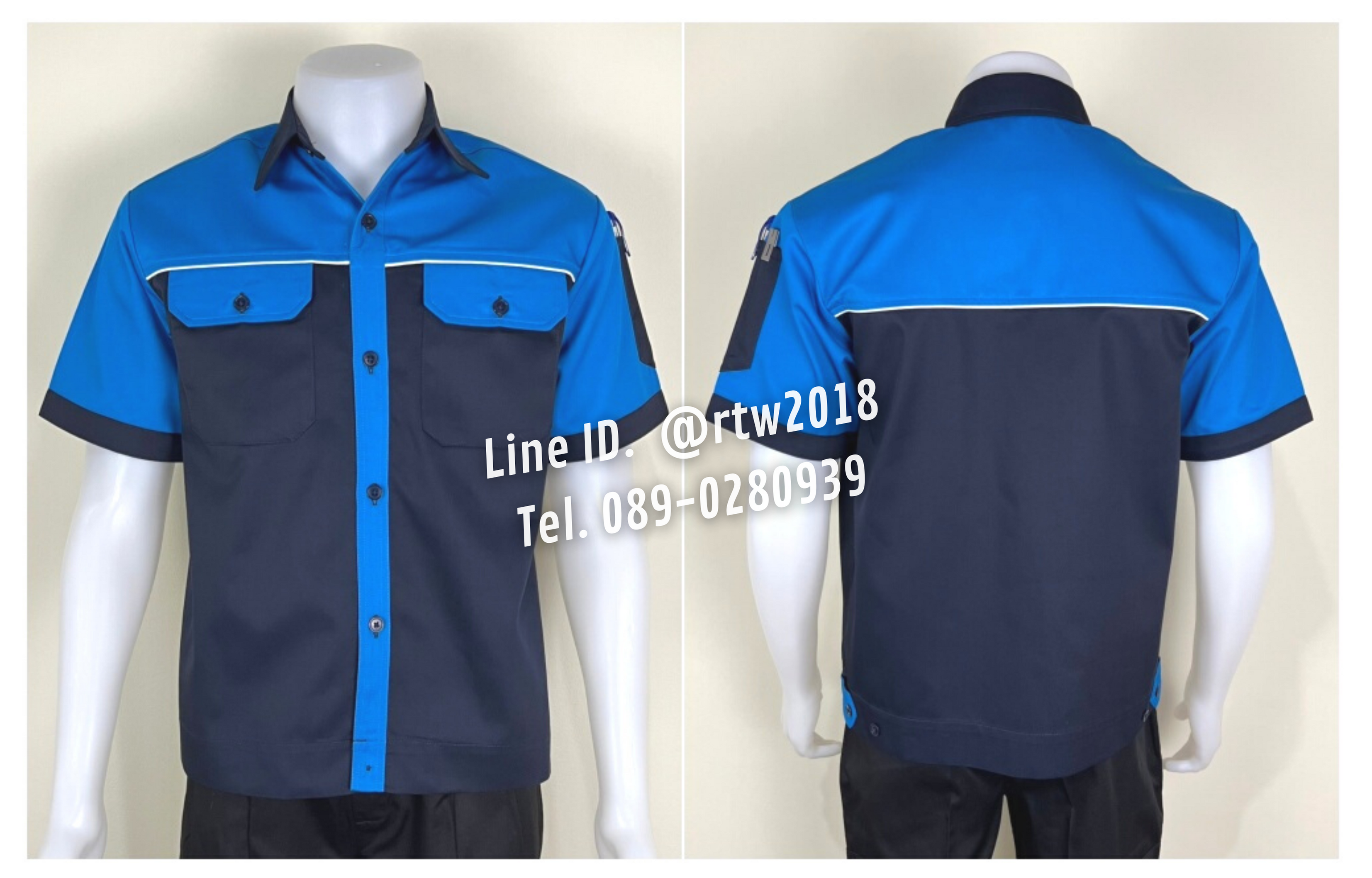 รหัส A26.5 : เสื้อช่างแขนสั้นผ้าคอมทวิวสีกรมท่าอก+แขนฟ้าเข้ม (กุ้นขาว)