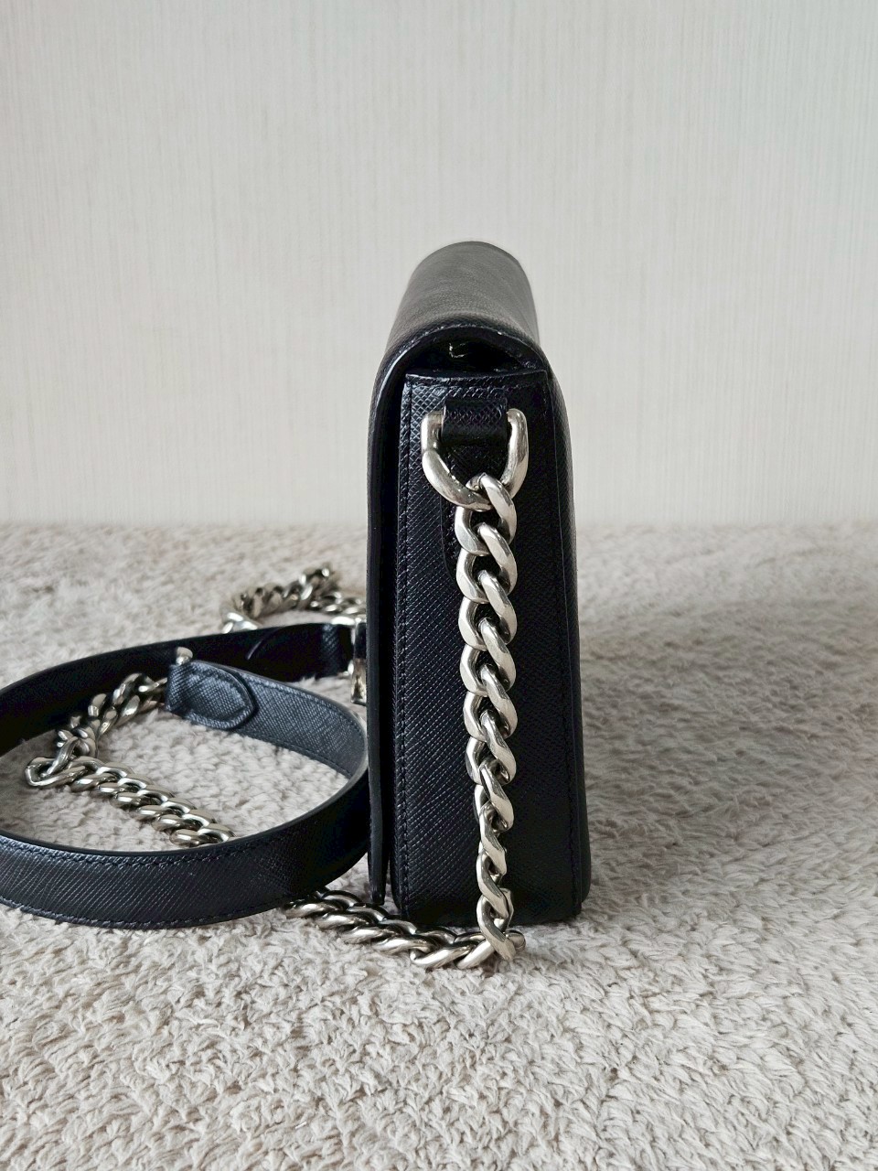 Prada 1BH014 Black Saffiano Leather Chain Shoulder Bag