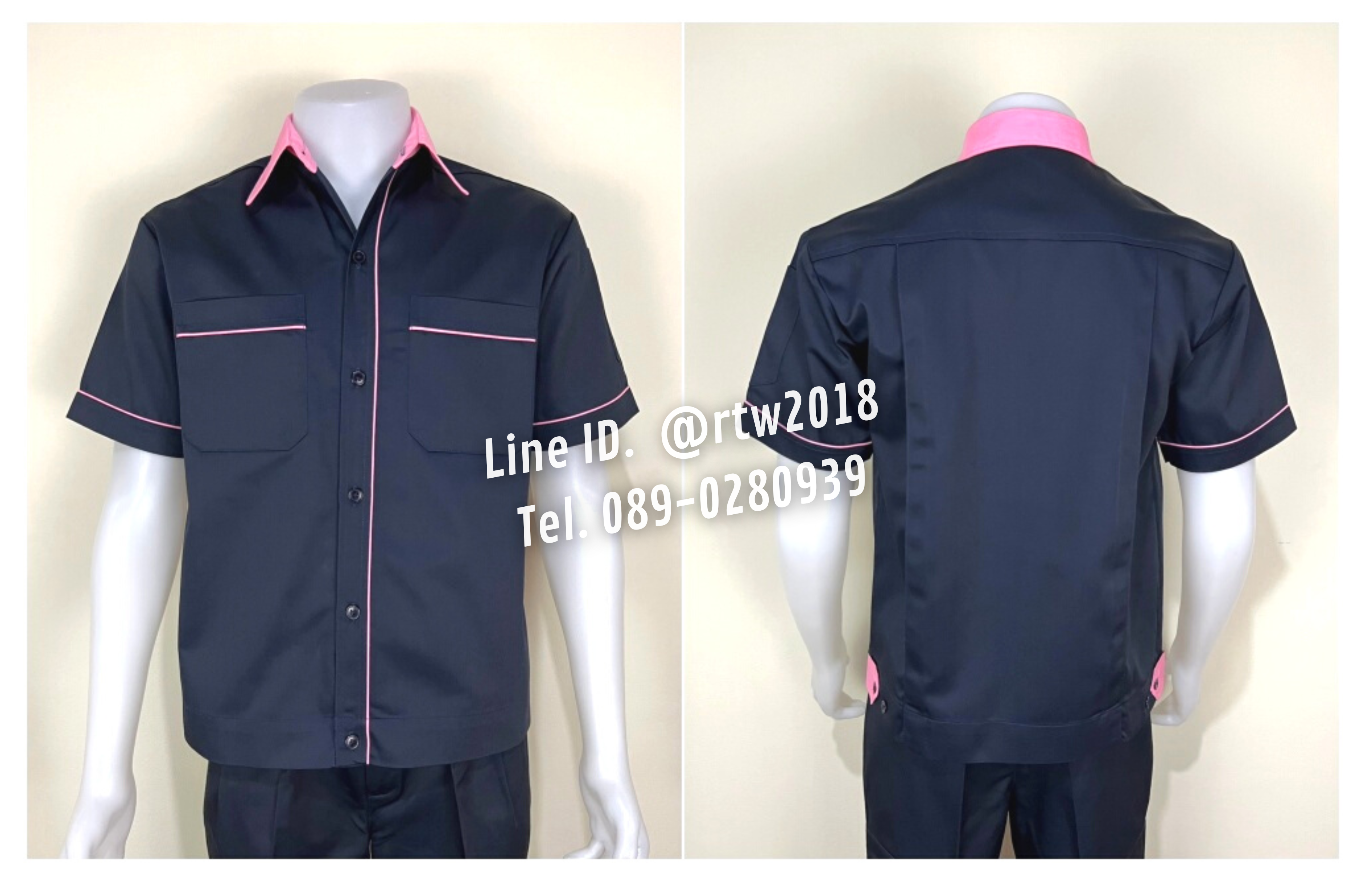 รหัส A6.12 : เสื้อช่างแขนสั้นผ้าคอมทวิวสีกรมท่ากุ้นชมพูอ่อน