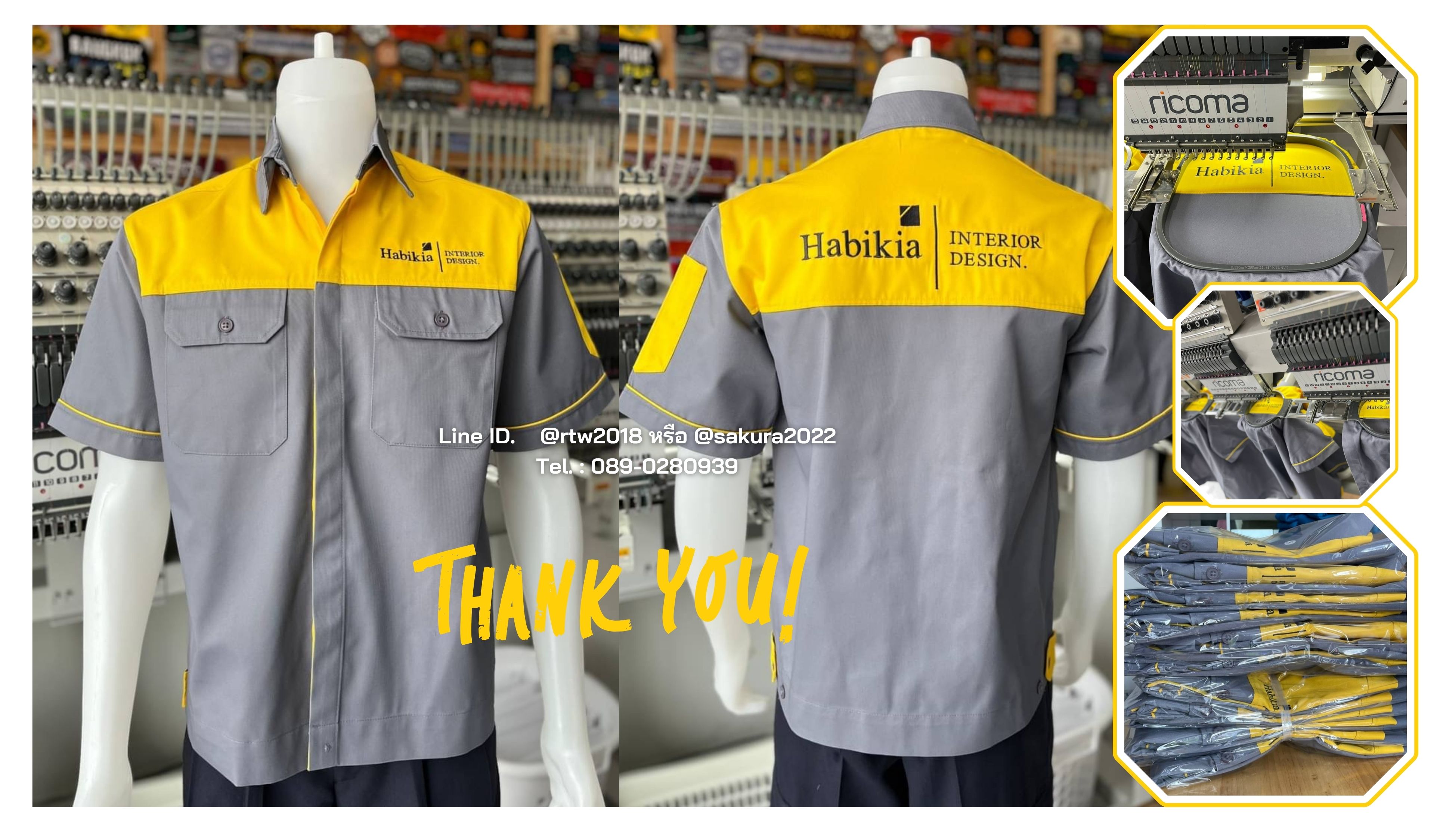 รหัส A8.6 : เสื้อช่างแขนสั้นผ้าคอมทวิวเทาอกเหลือง (ซ่อนสาบ)