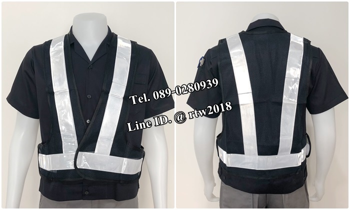 เสื้อกั๊กช่างแบบสายคาด ตาข่ายสีดำสะท้อนแสงขาว (รหัส Q3)