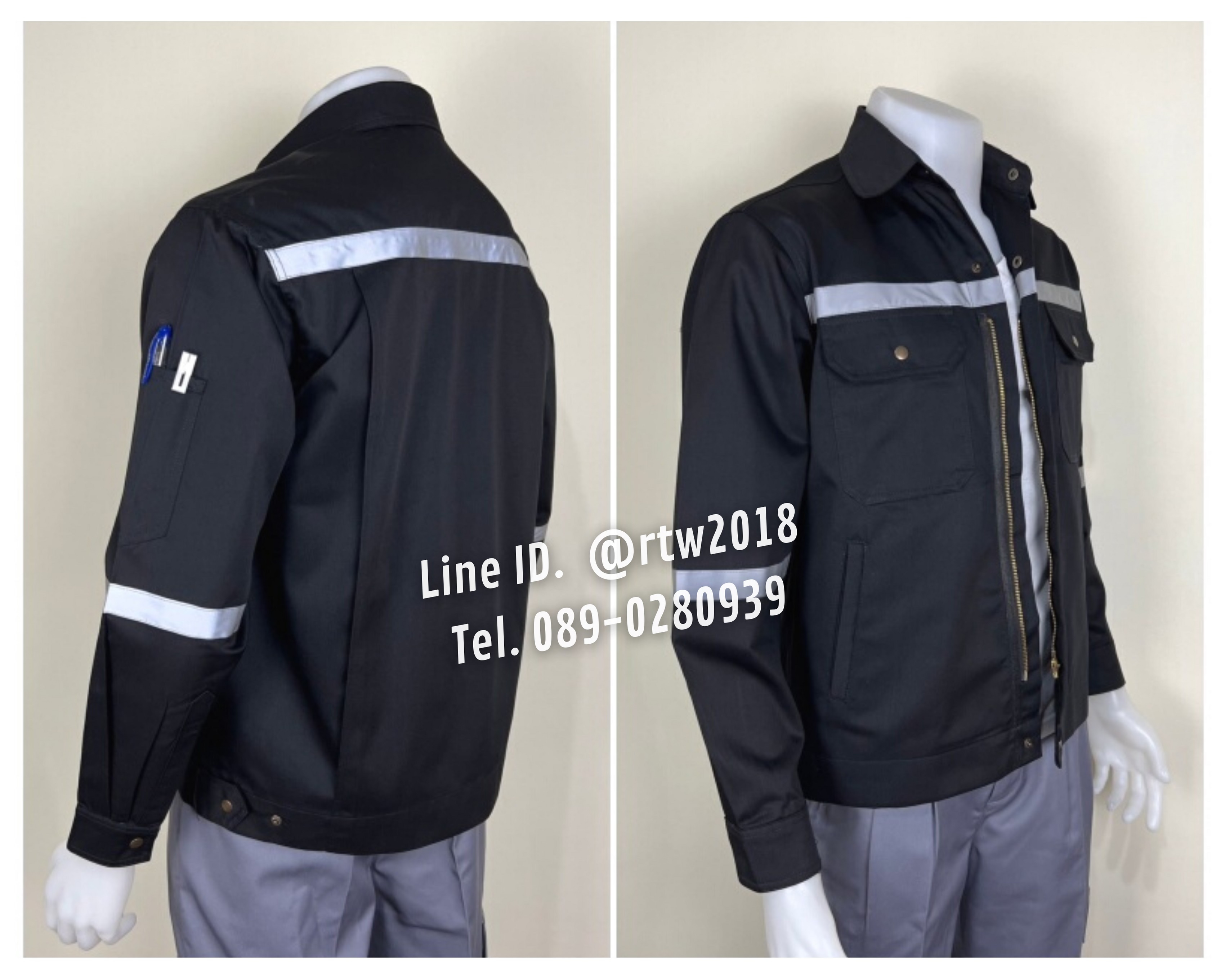 รหัส AB17.3 : เสื้อช่างแจ็คเก็ตแขนยาวผ้าคอมทวิว 4 กระเป๋าสีดำ (ติดสะท้อนแสง)