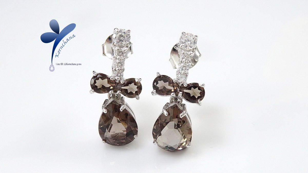 Smoky Quarts Earrings ต่างหูสโมคกี้ควอทซ์ทรงหยดน้ำ สีเทาดำสวย ตัวเรือนรูปโบว์ ชุบทองคำขาว