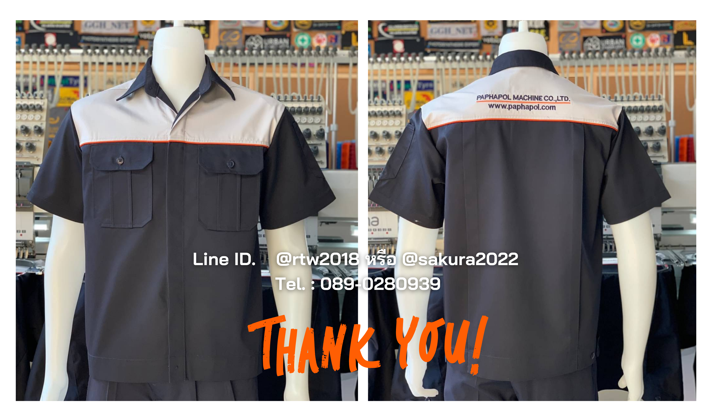 รหัส A21 : เสื้อช่างแขนสั้นผ้าคอมทวิวสีกรมท่าอกเทาอ่อนกุ้นส้ม (ซ่อนสาบ) (วอลโว่)