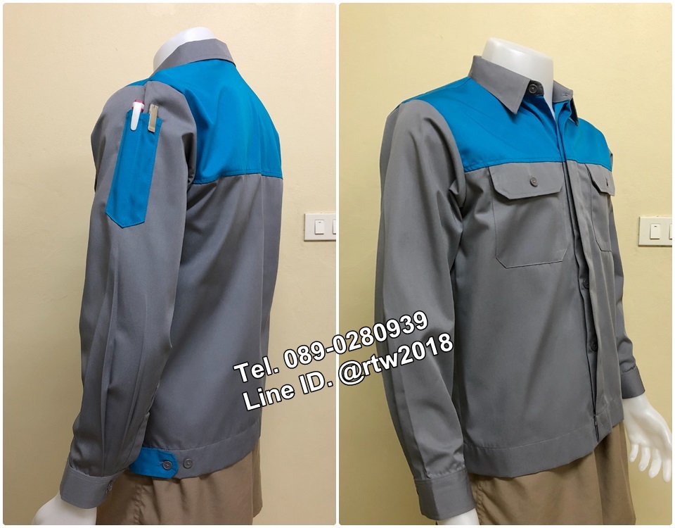 รหัส A47 : เสื้อช็อปแขนยาวผ้าคอมแบบเทาอกฟ้ากระดุมซ่อนสาบ