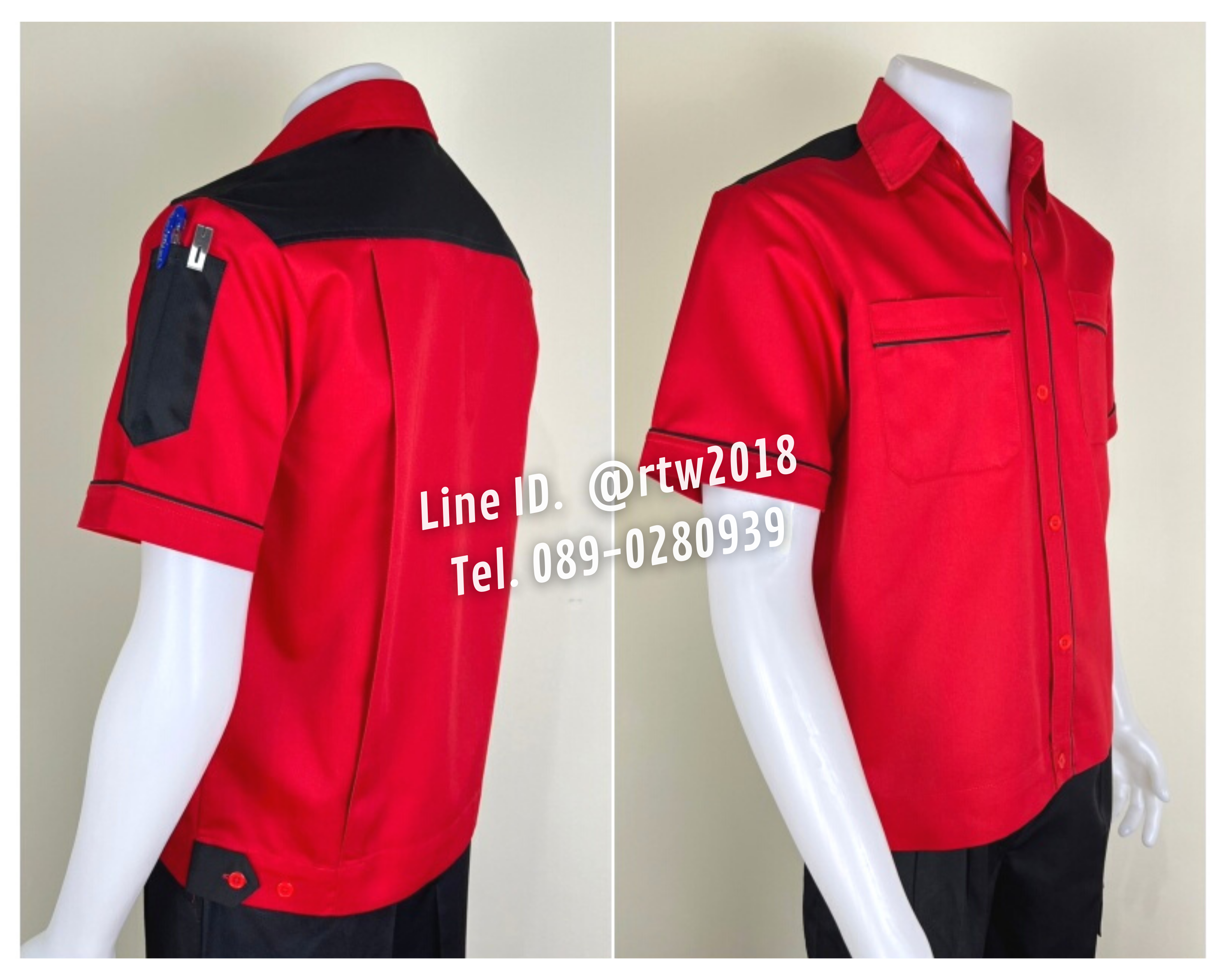 รหัส A31.2 : เสื้อช่างแขนสั้นผ้าคอมทวิวสีแดงบ่าดำ