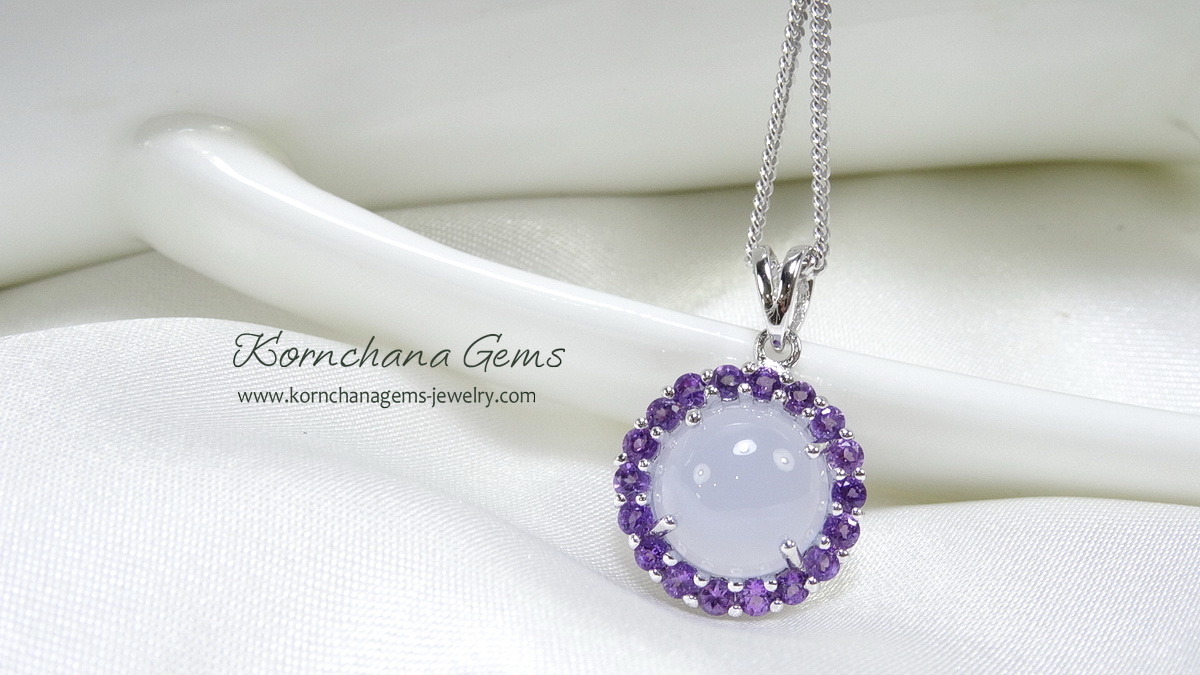 สร้อยคอพร้อมจี้พลอยแท้ พลอยโมราหลังเบี้ยสีฟ้า blue chalcydony ล้อมพลอยอเมทิสท์สีม่วง พร้อมสร้อยเงินแท้ พลอยสีฟ้าอัญมณีคนเกิดวันศุกร์